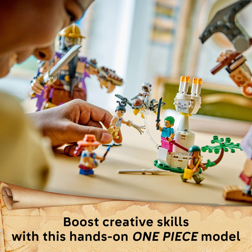 Child playing with the assembled LEGO 75644 ONE PIECE Dorry vs. Brogy – Giants of Little Garden set