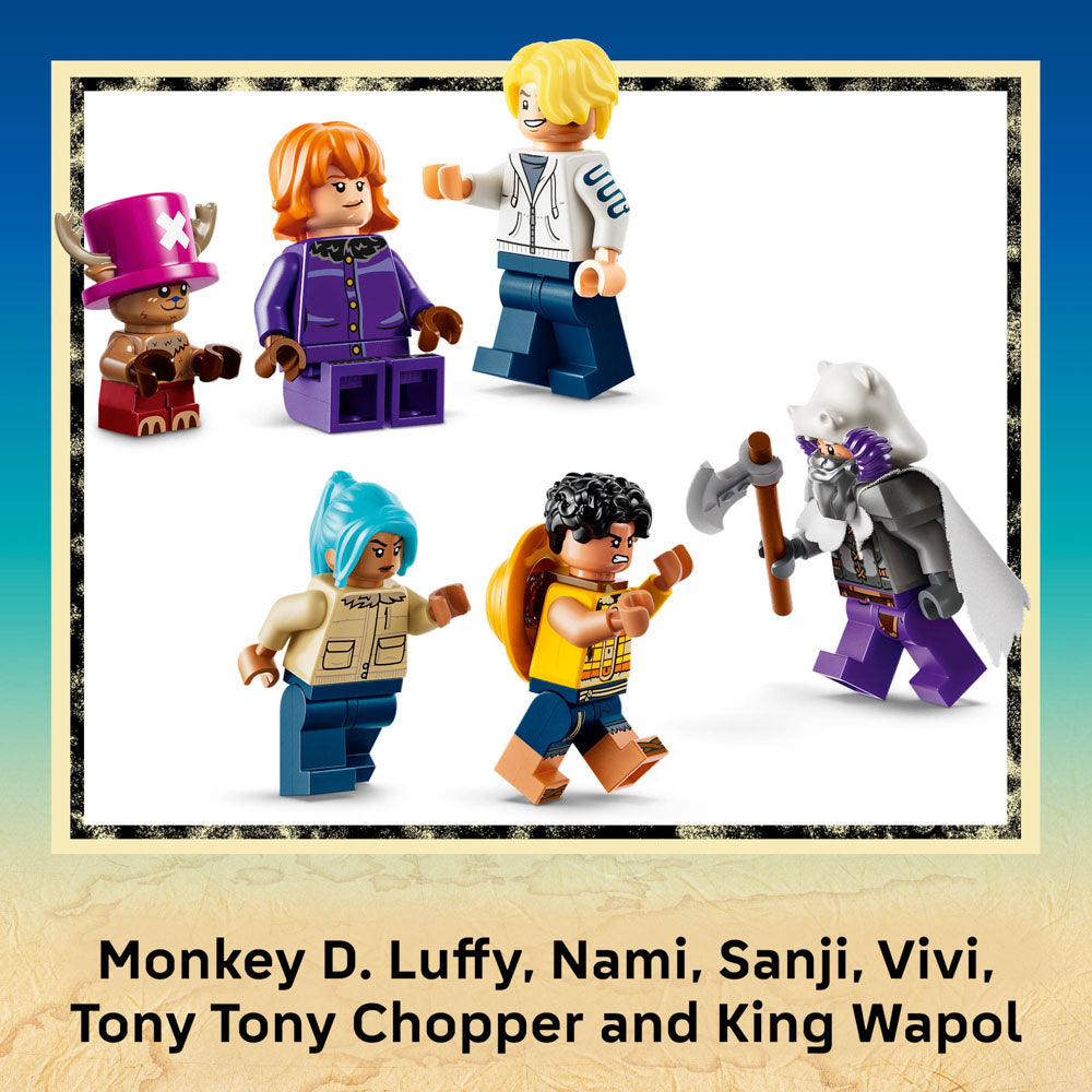 Minifigures Monkey D. Luffy, Sanji, Vivi, Tony Tony Chopper and King Wapol included with the LEGO 75645 ONE PIECE Battle at Drum Castle set.