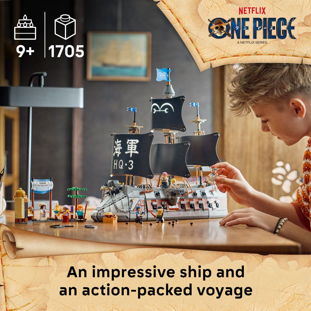 Boy building the LEGO 75646 ONE PIECE Garp's Marine Battleship Ship set
