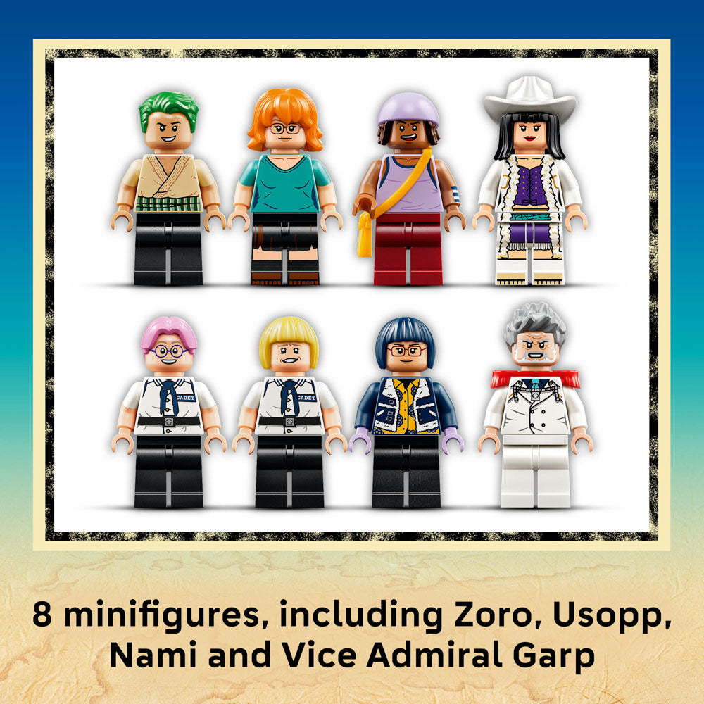 8 minifigures included with the LEGO 75646 ONE PIECE Garp's Marine Battleship Ship set: Zoro, Usopp, Nami and Vice Admiral Garp.