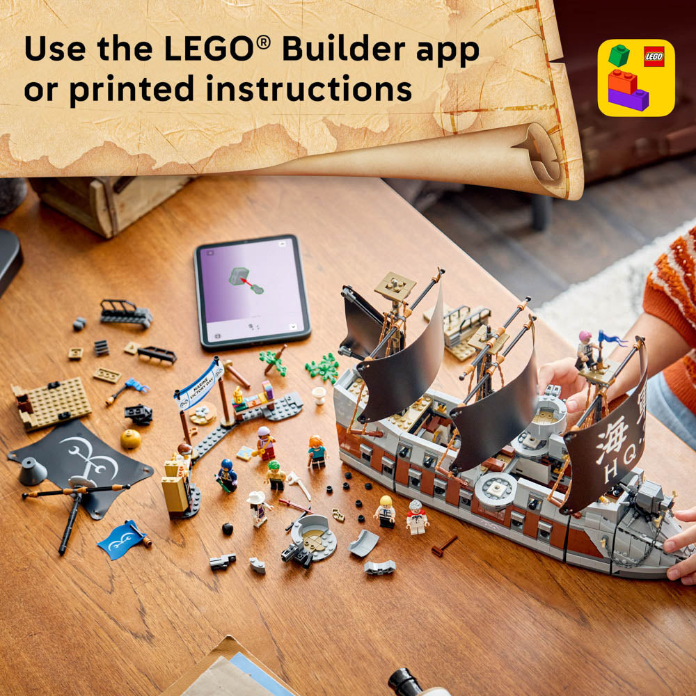 Use the lego builder app to build the LEGO 75646 ONE PIECE Garp's Marine Battleship Ship set
