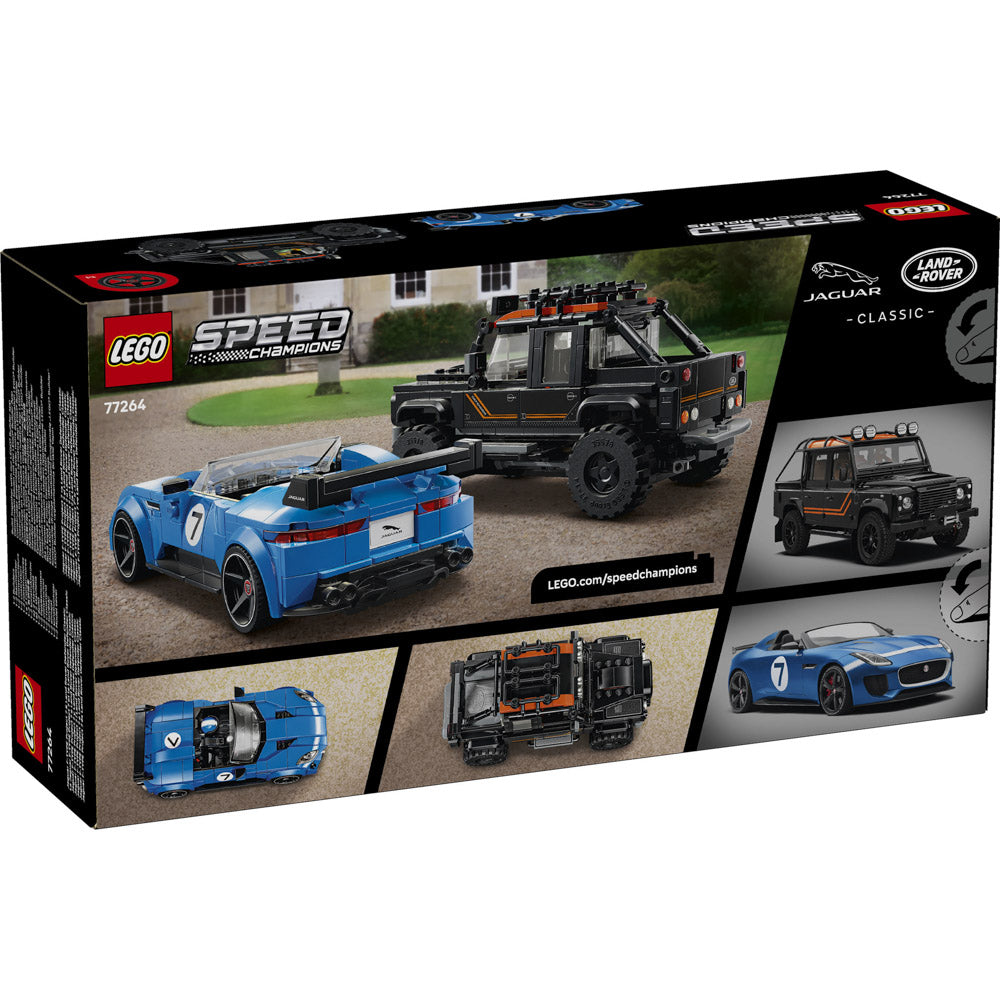 Back packaging of the LEGO 77264 Speed Champions Jaguar Project 7 & Land Rover Defender set