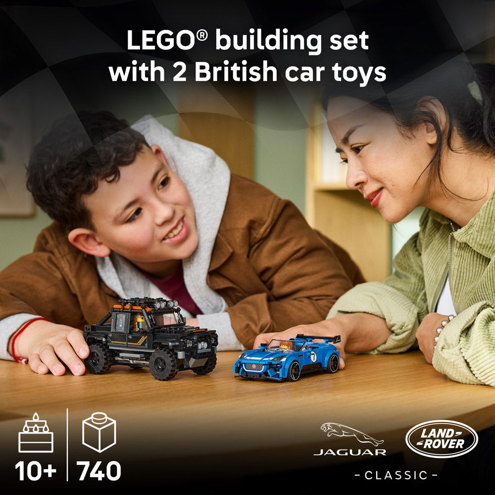 Boy and woman playing with the assembled LEGO 77264 Speed Champions Jaguar Project 7 & Land Rover Defender set