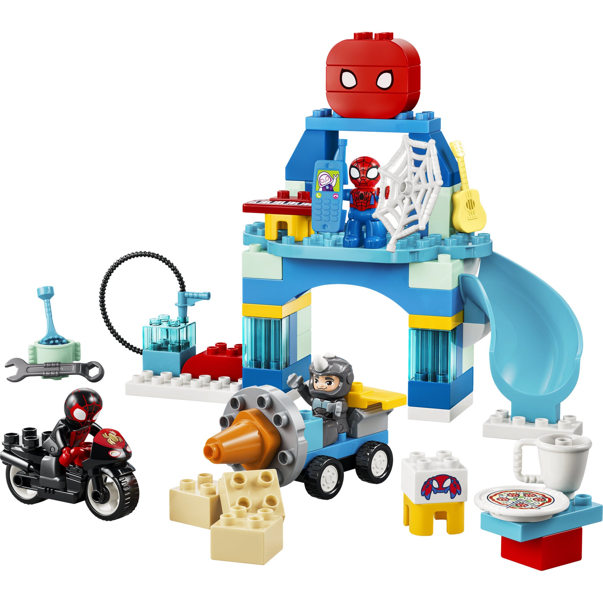 Assembled LEGO 10464 DUPLO Disney Team Spidey Webquarters Set, with ramp, car, motorbike