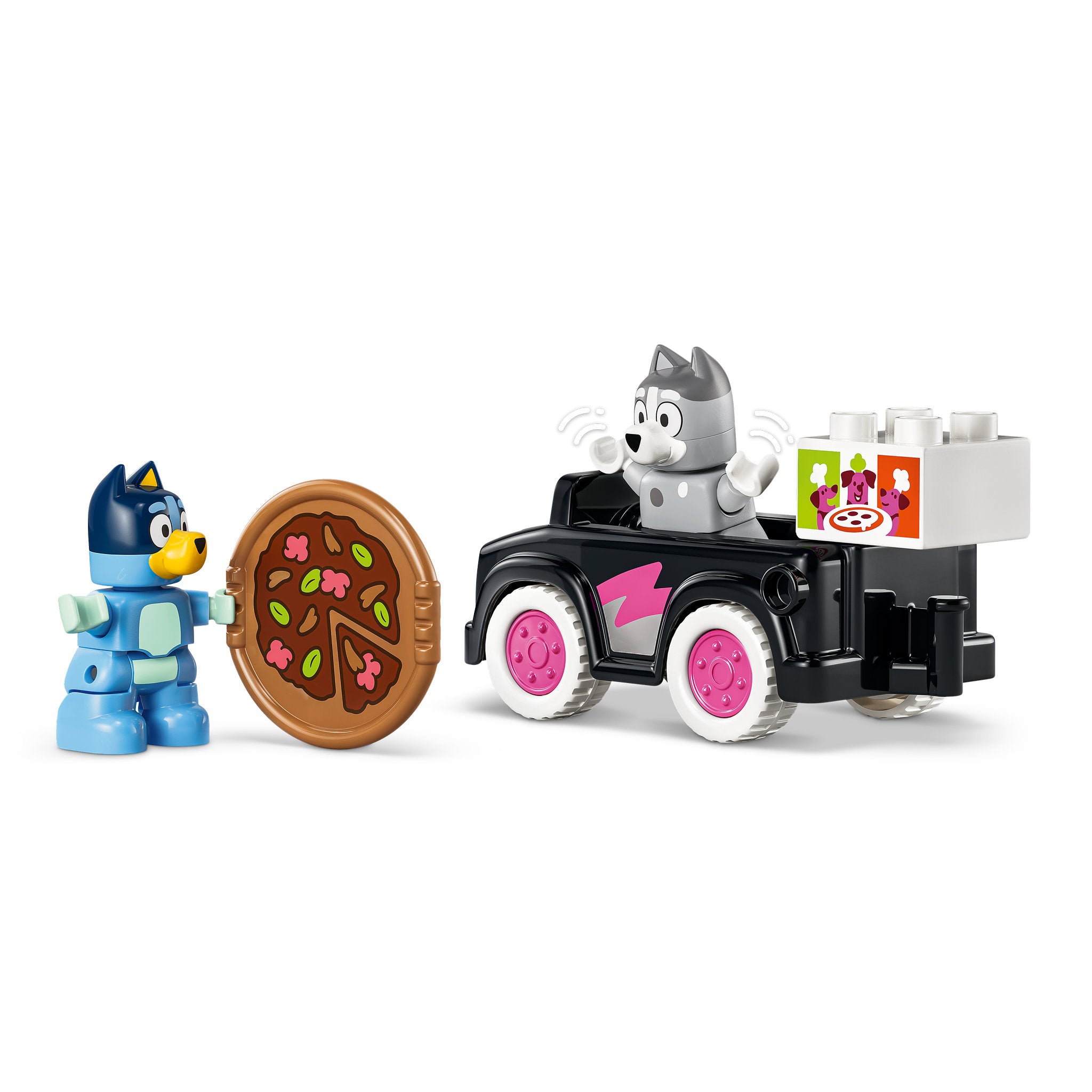 Assembled pizza and car, in the LEGO 10469 DUPLO Bluey Tree Swing Car Pizza Girls with Muffin and Bluey Set