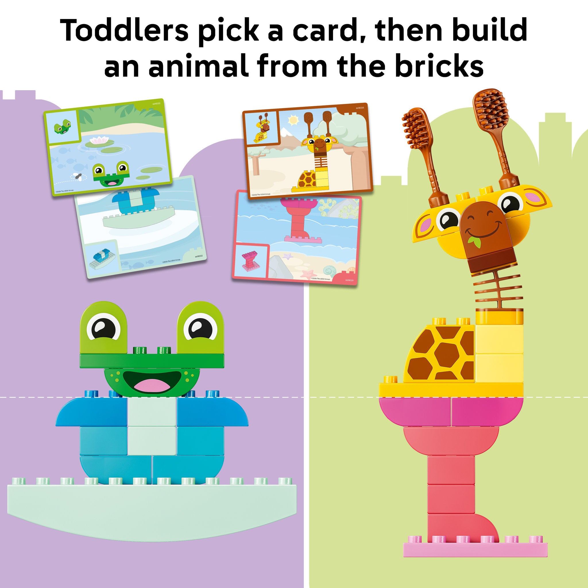 Pick a card and build the animal pictured, from the LEGO 10472 DUPLO Town Animal Building Game for toddlers Set