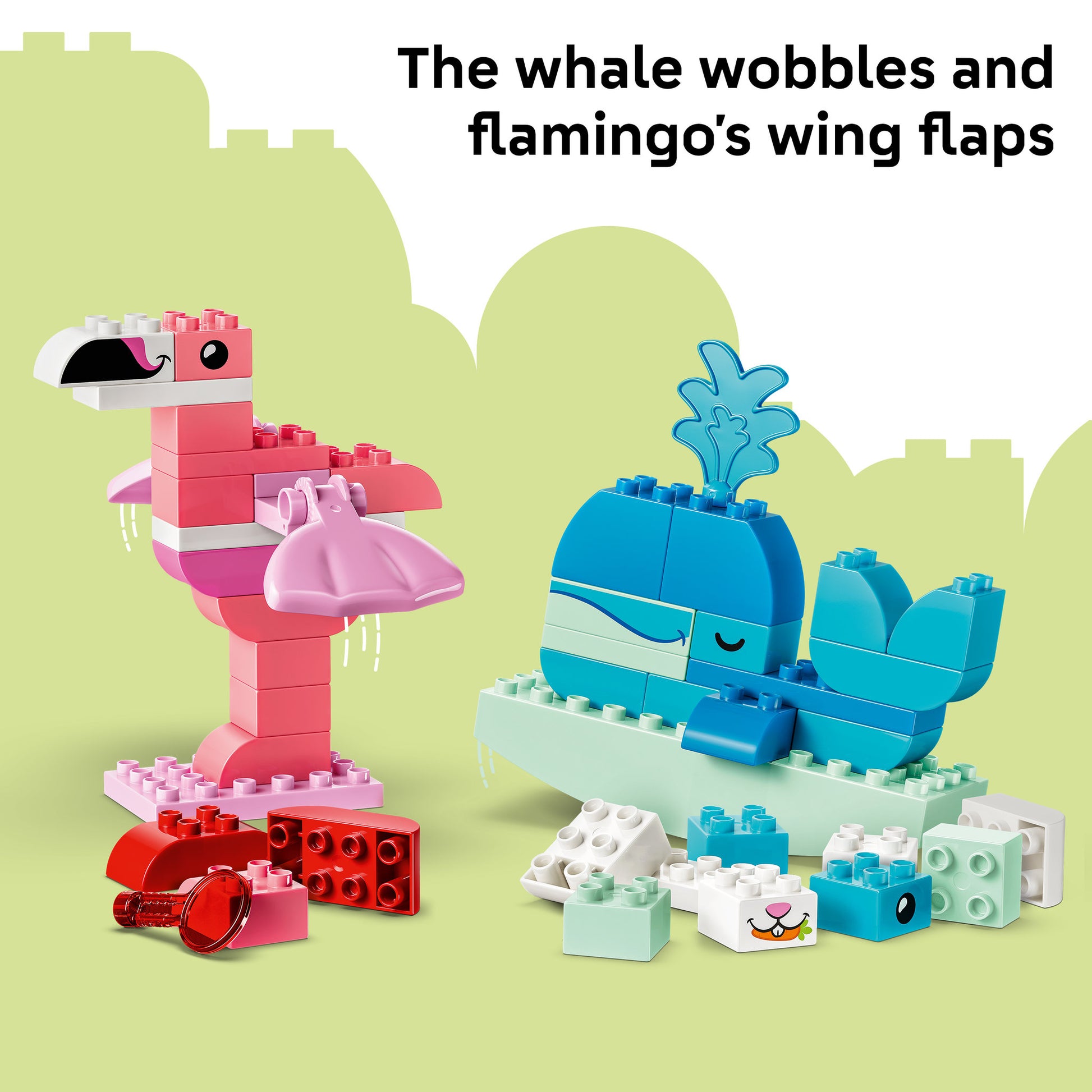 Interactive shaped figures that move, in the LEGO 10472 DUPLO Town Animal Building Game for toddlers Set