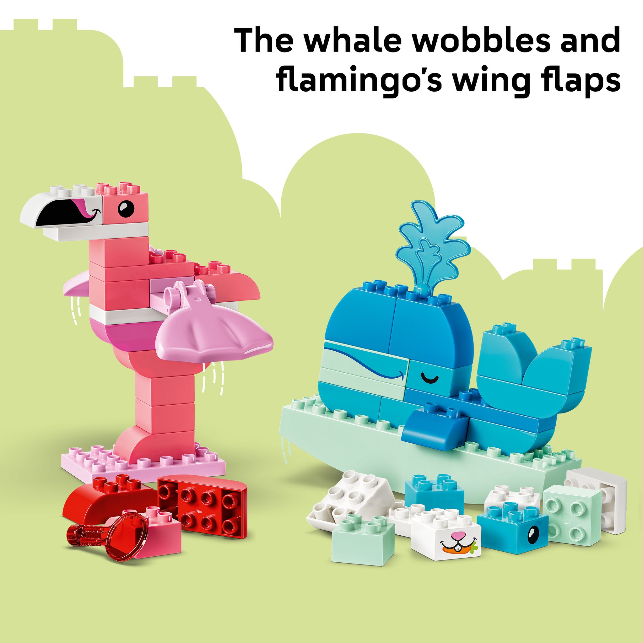 Interactive shaped figures that move, in the LEGO 10472 DUPLO Town Animal Building Game for toddlers Set