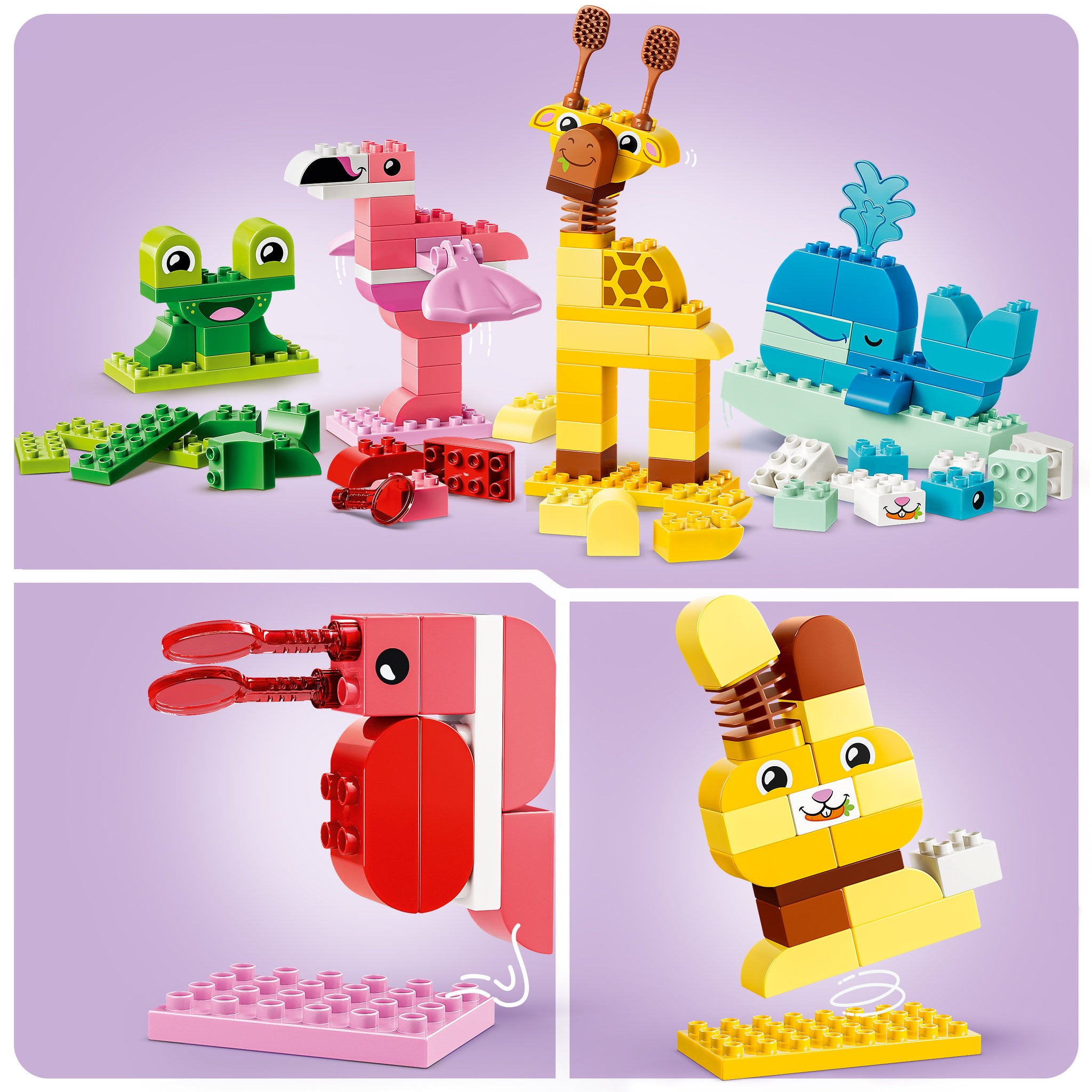 Assembled animals in the LEGO 10472 DUPLO Town Animal Building Game for toddlers Set