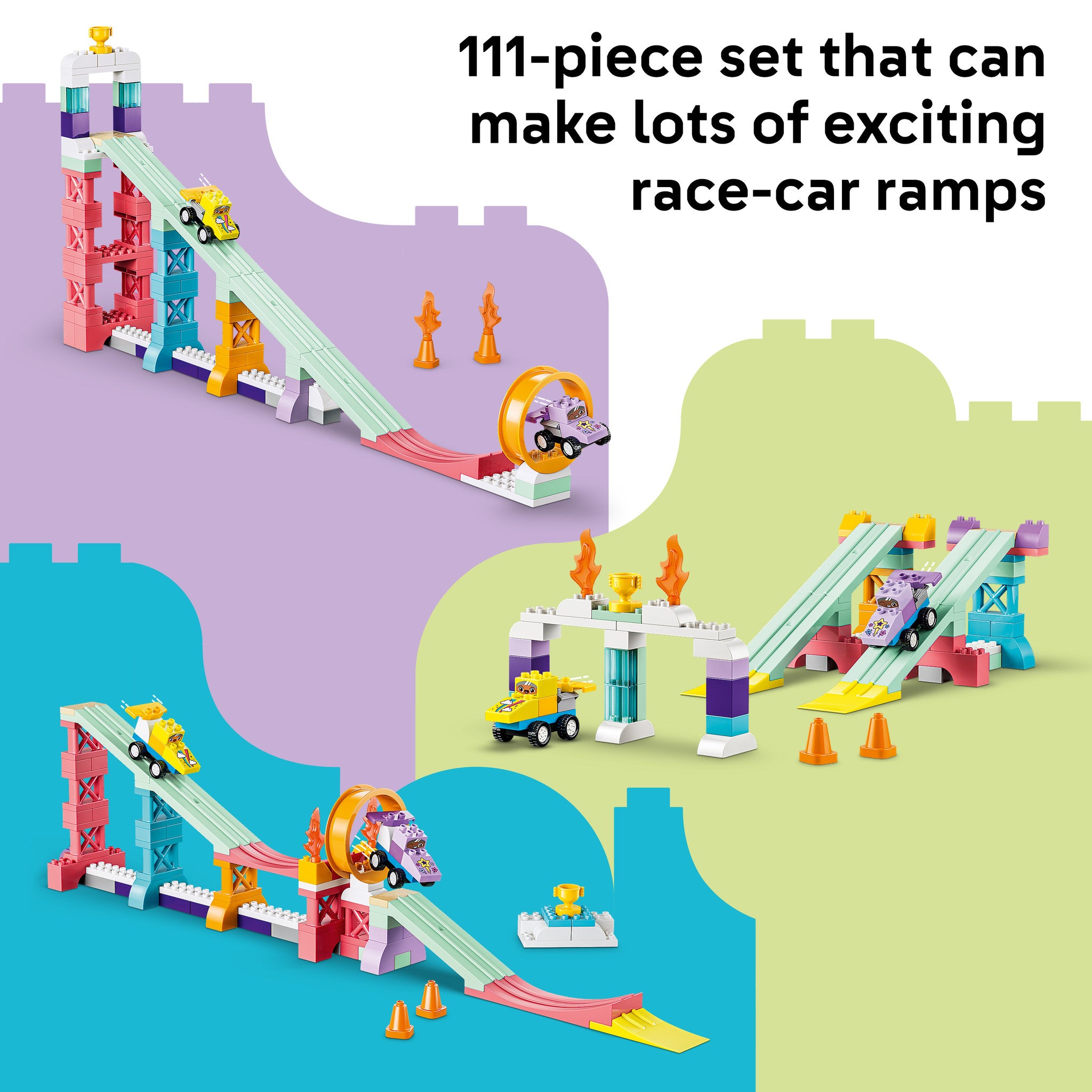 3 race-car ramps to create with the LEGO 10478 DUPLO Town 3in1 Creative Ramps with Vehicles Rollercoaster Set
