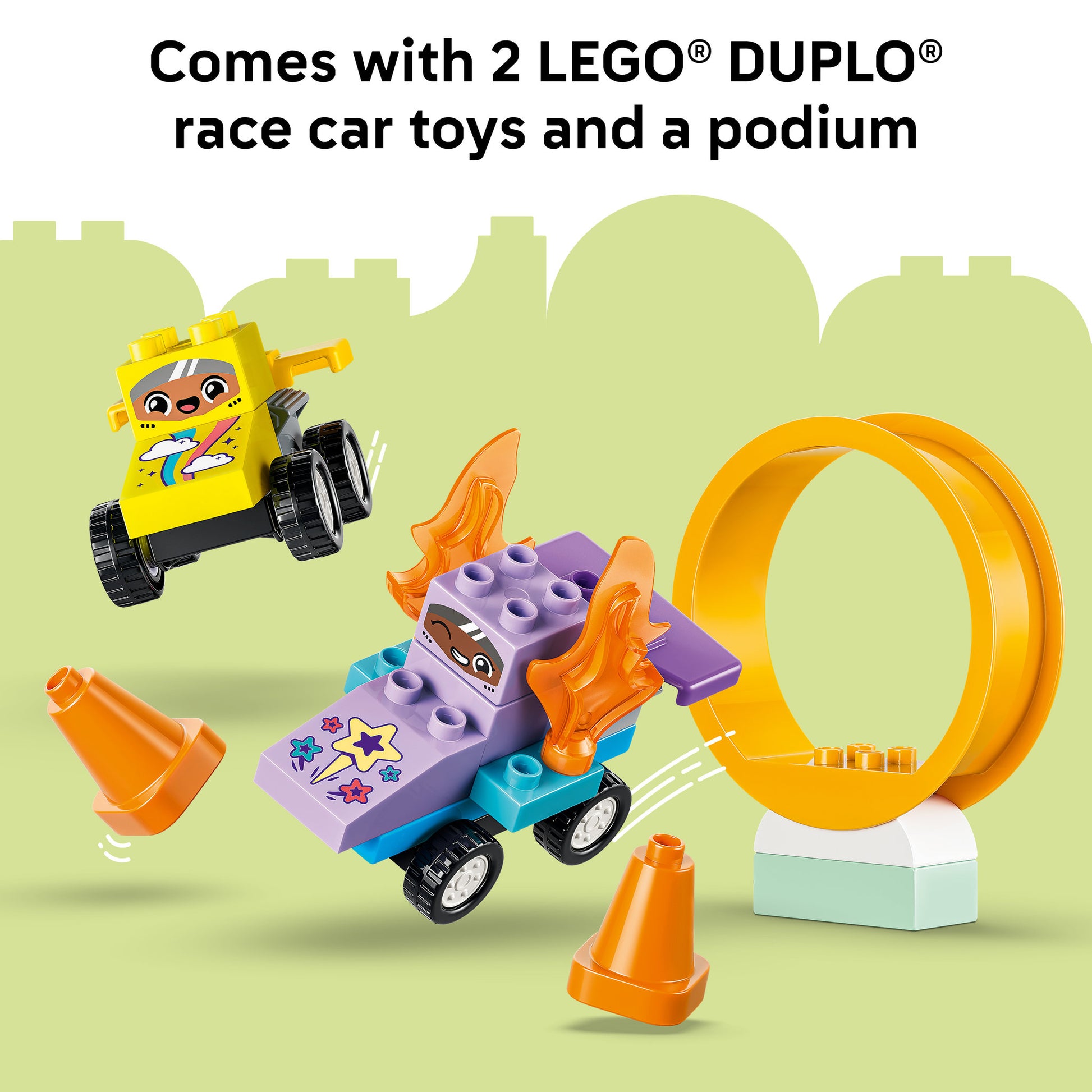 Race cars and podium in the LEGO 10478 DUPLO Town 3in1 Creative Ramps with Vehicles Rollercoaster Set