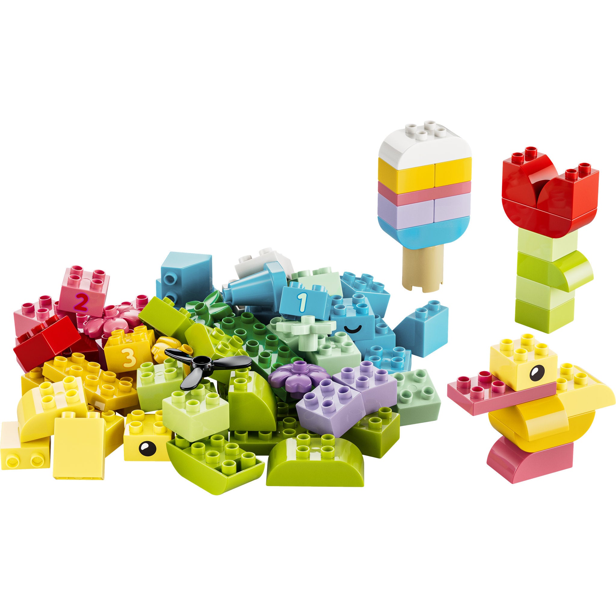 Duck and flowers made with the LEGO 10479 DUPLO Classic Colorful Creative Box Loose Set for free block play