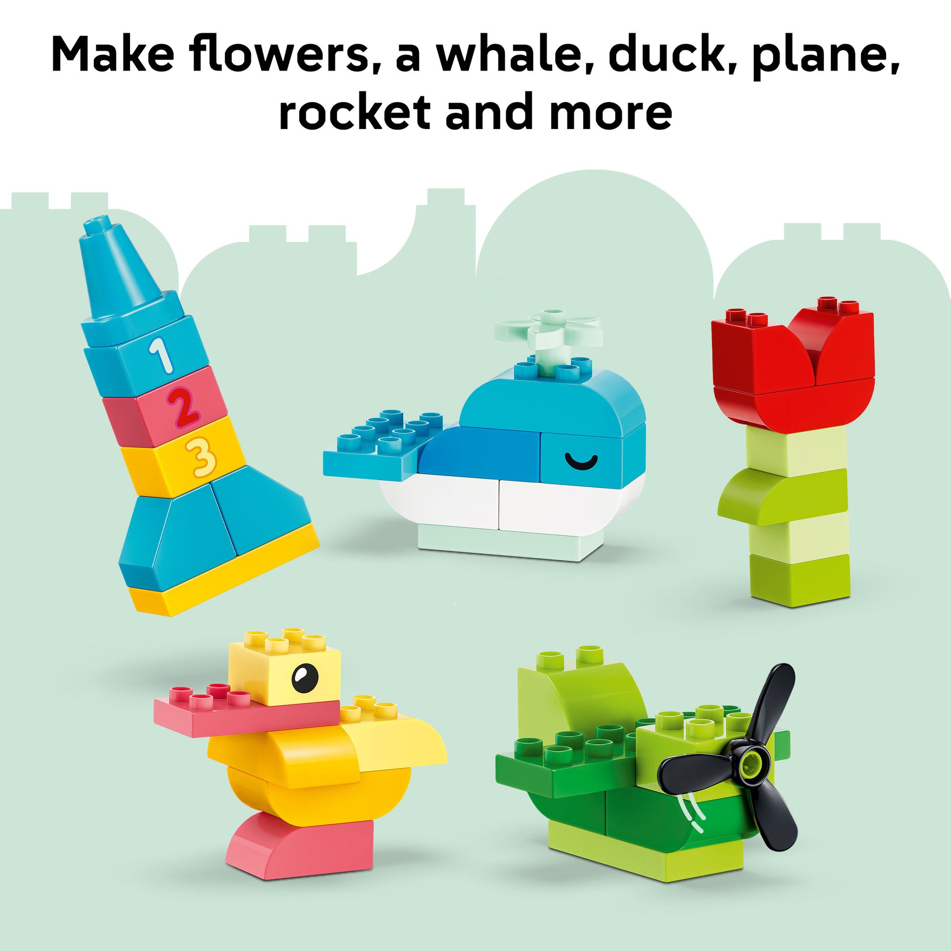 Make flowers, whale, duck, plane, and rocket in the LEGO 10479 DUPLO Classic Colorful Creative Box Loose Set