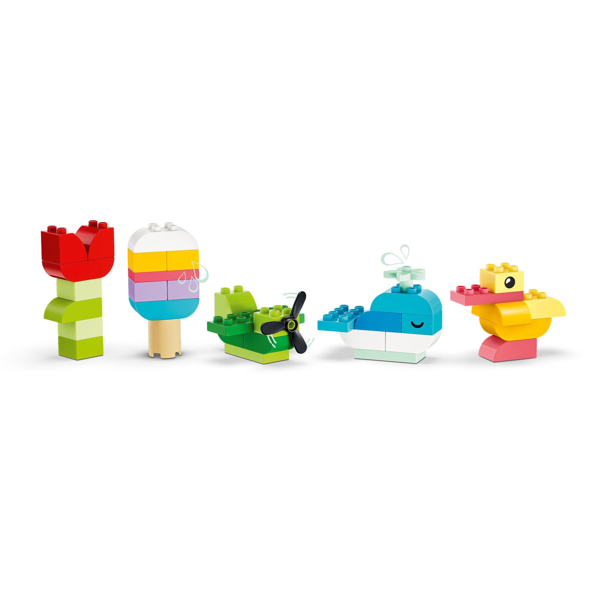 Assembled examples to be made from the LEGO 10479 DUPLO Classic Colorful Creative Box Loose Set