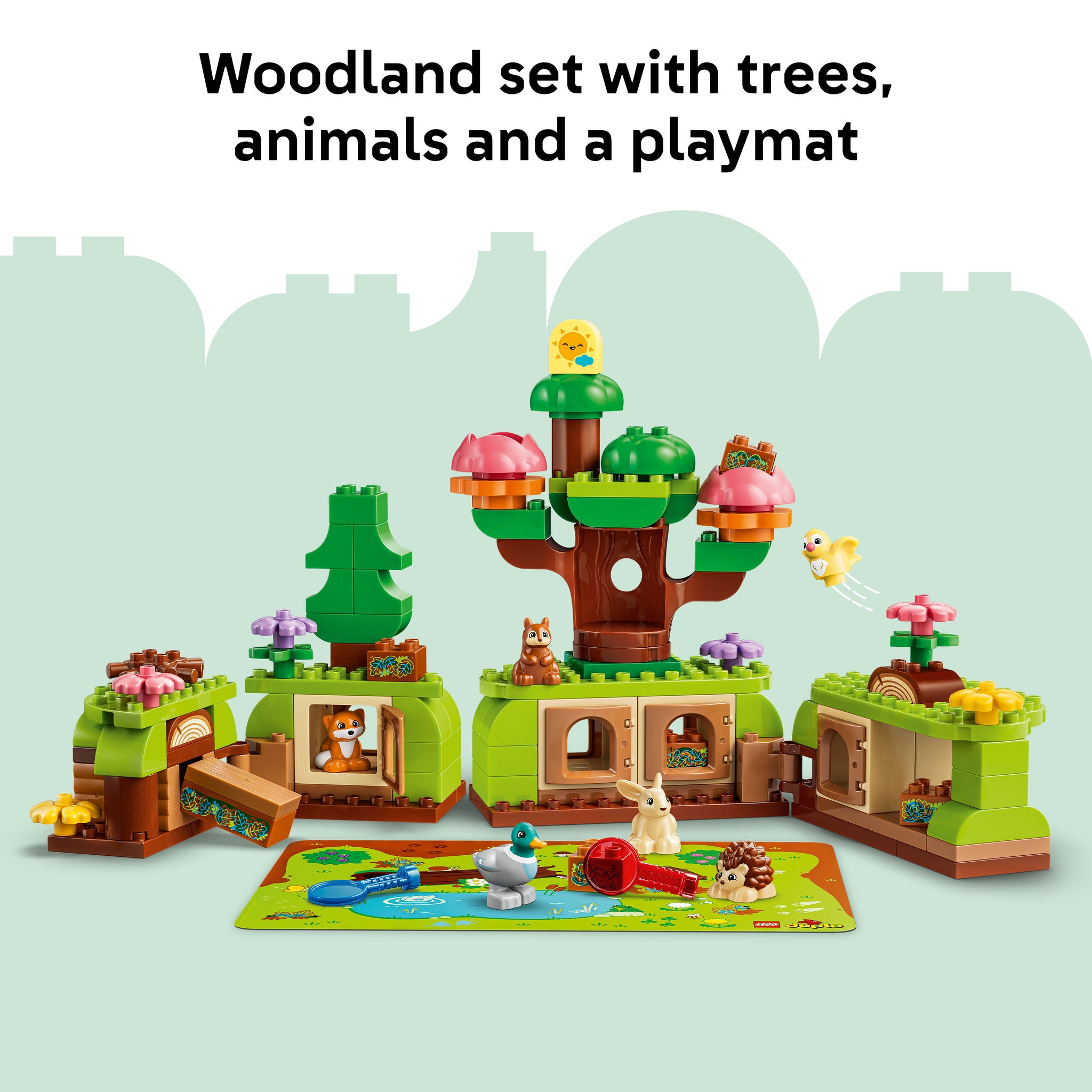 Assembled woodland set trees, animals in the LEGO 10480 DUPLO Town Discovery Forest with Wild Animals Set