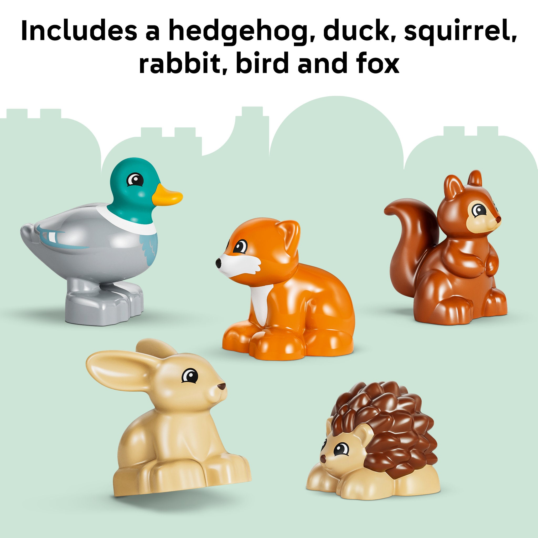 Animals hedgehog, duck, squirrel, rabbit, bird, and fox in the LEGO 10480 DUPLO Town Discovery Forest with Wild Animals Set