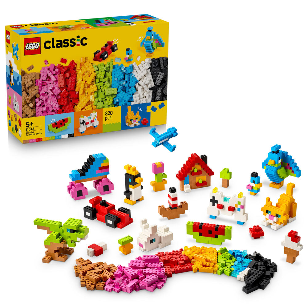 LEGO 11045 Classic Creative Colourful Bricks Blocks Loose Free-play Set assembled into animals, houses, cars, planes.