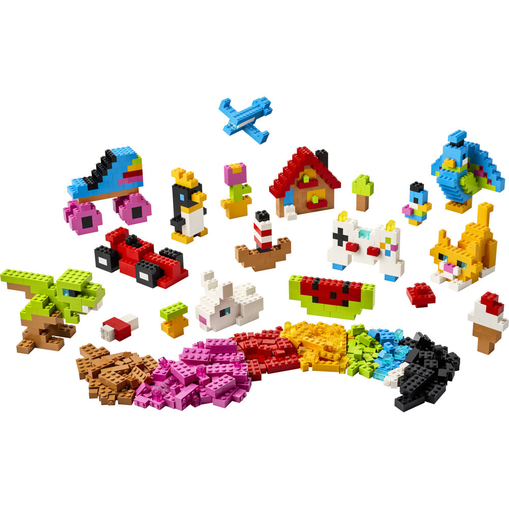 LEGO 11045 Classic Creative Colourful Bricks Blocks Loose Free-play Set, assembled into animals, shoes, dinosaurs, houses.