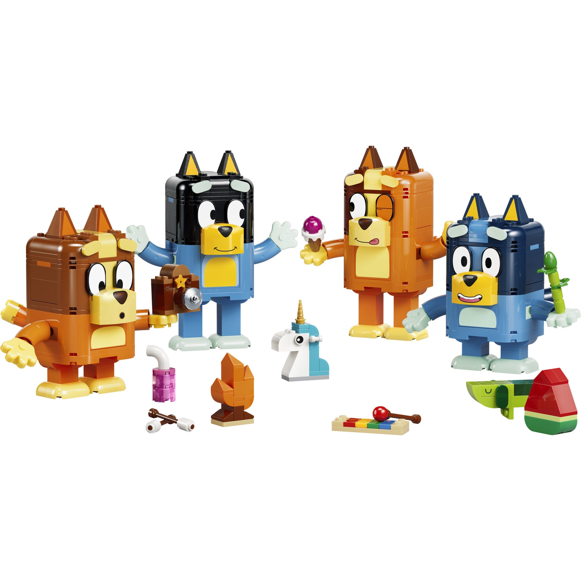 Assembled family in the LEGO 11217 Bluey Brick-Built Bluey Family Set