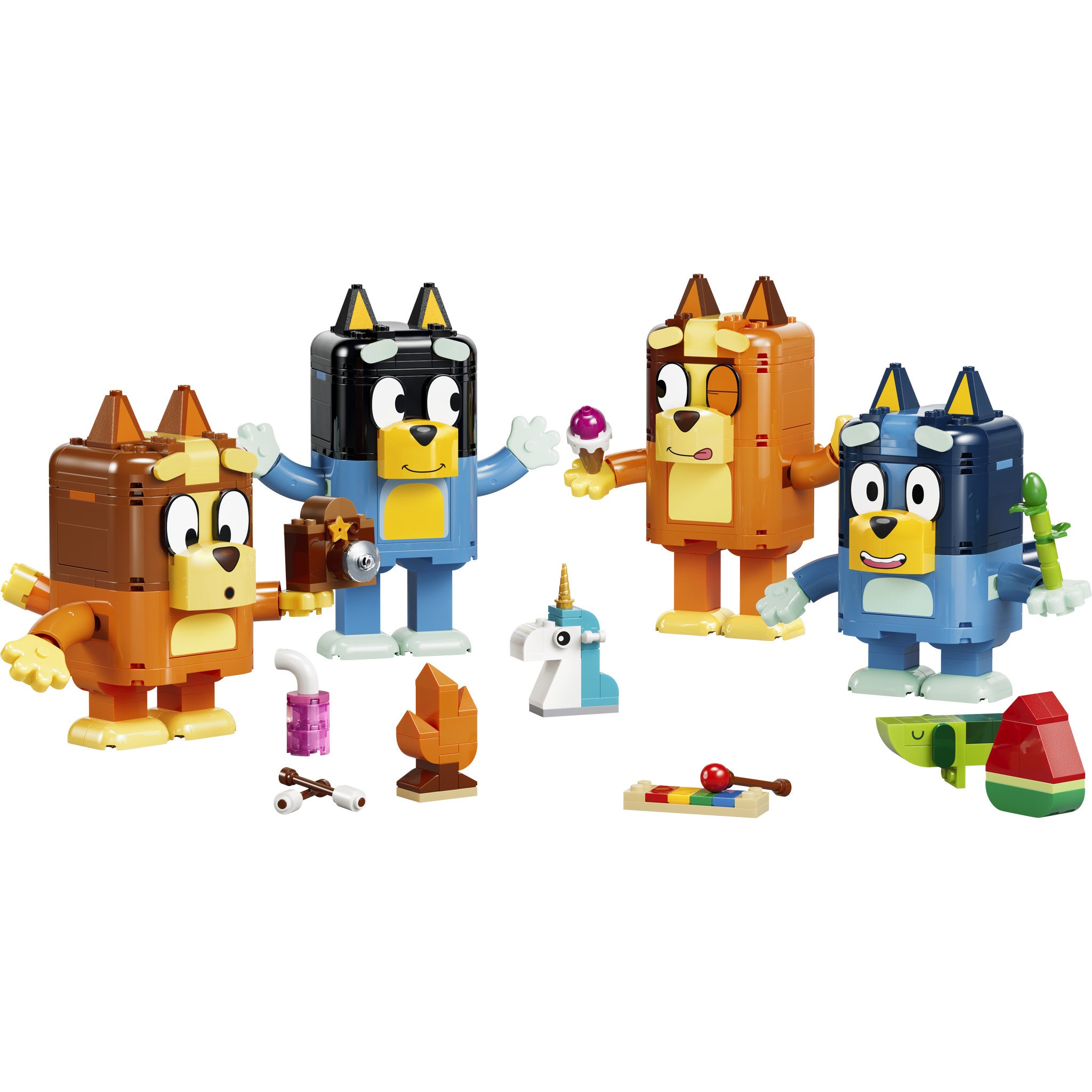 Assembled family in the LEGO 11217 Bluey Brick-Built Bluey Family Set