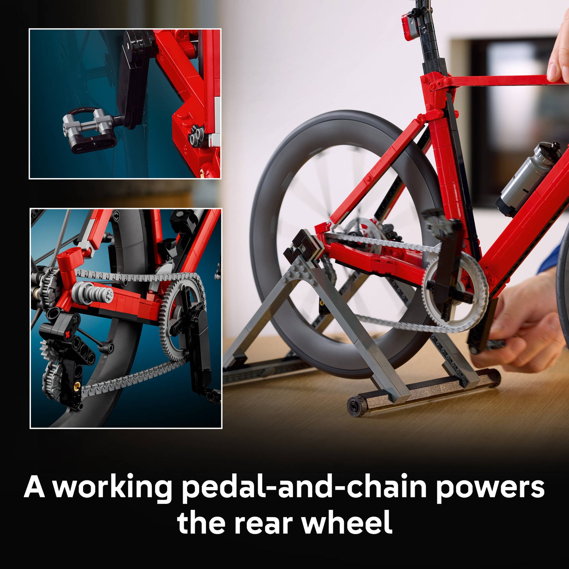 Working pedal and chain on the rear wheels of the LEGO 11380 Icons Road Bike Cycle Red Set