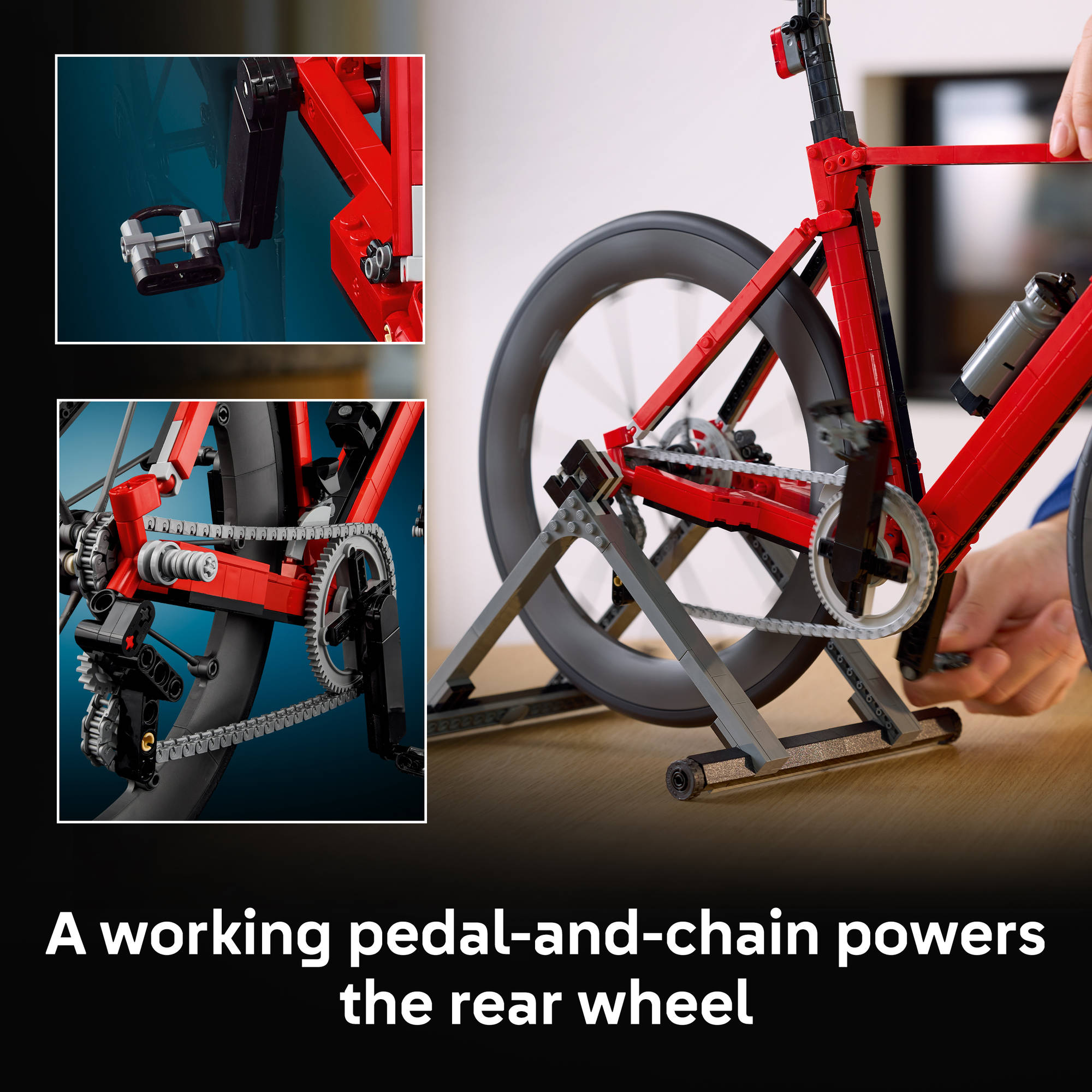 Working pedal and chain on the rear wheels of the LEGO 11380 Icons Road Bike Cycle Red Set
