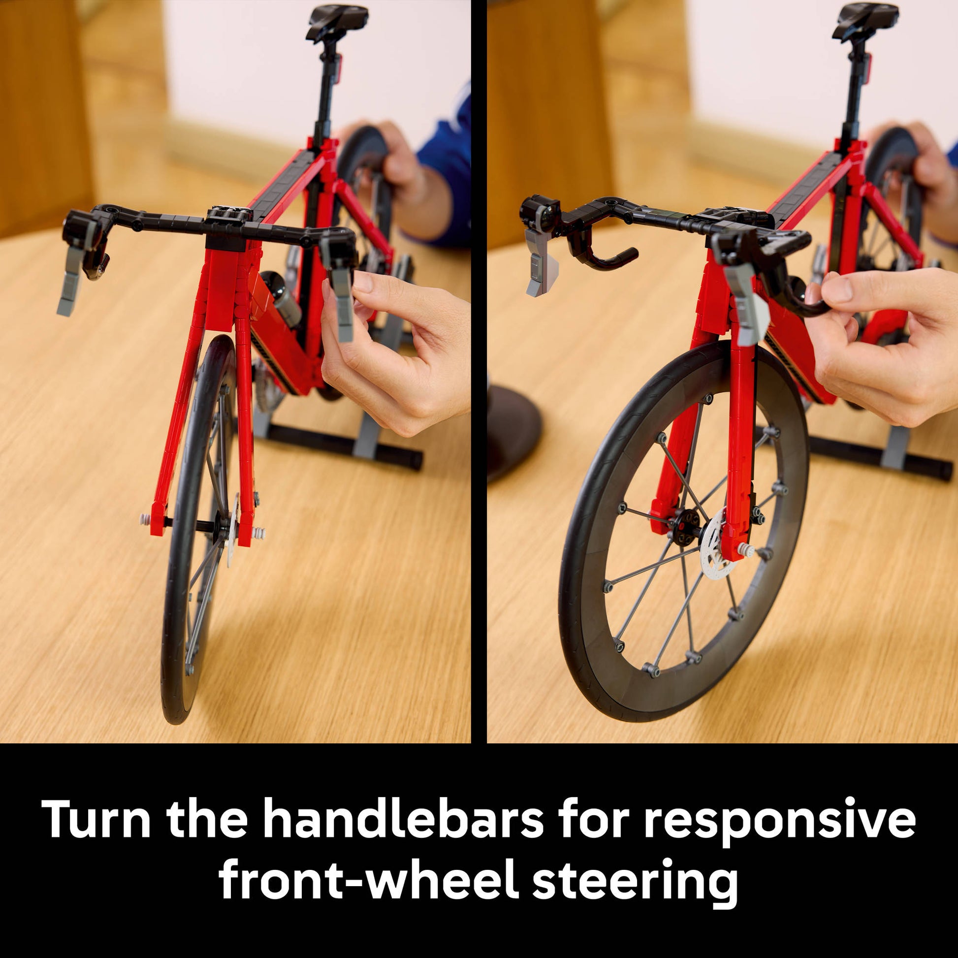 Responsive steering by moving the handlebars, in the LEGO 11380 Icons Road Bike Cycle Red Set