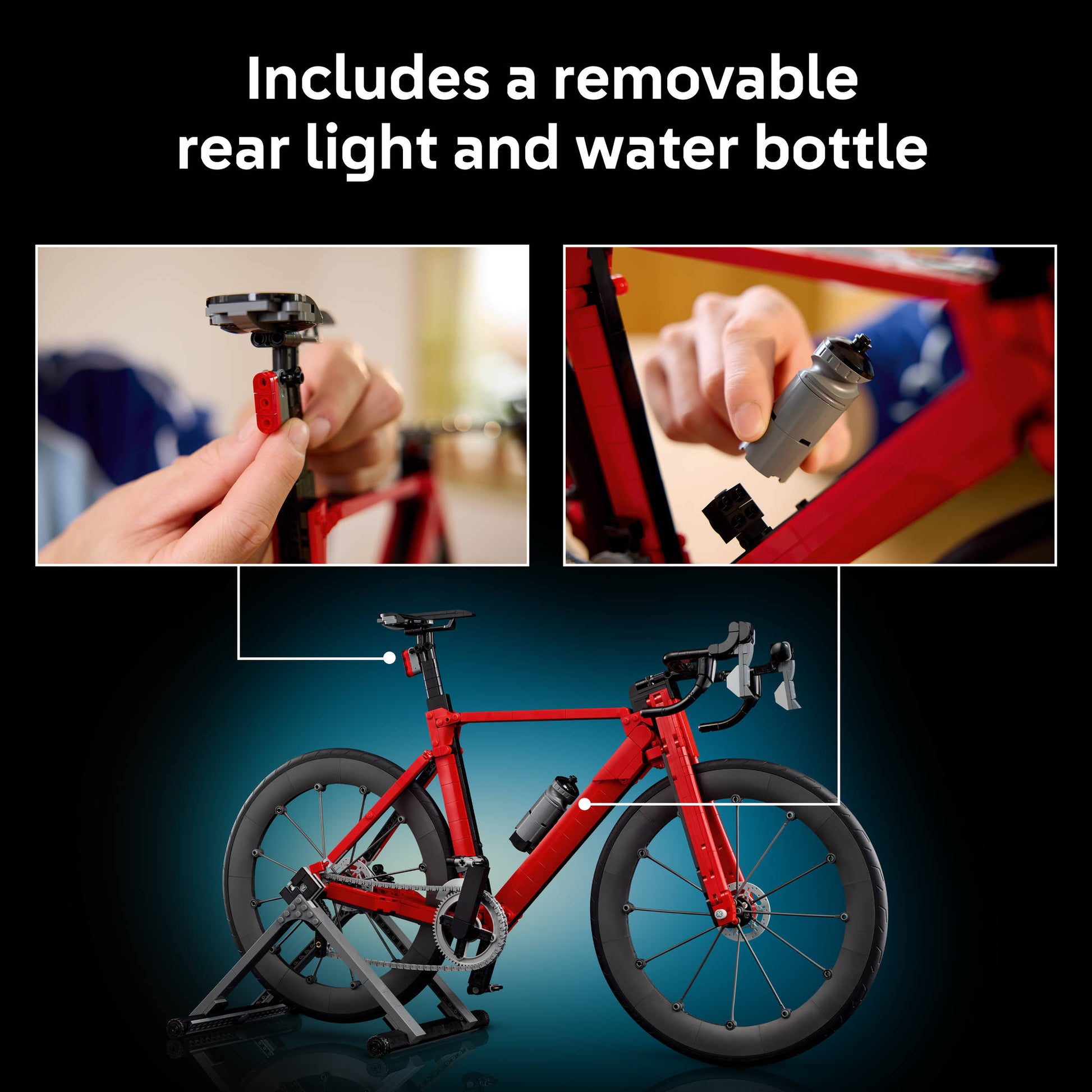 Removable rear light and water bottle, in the LEGO 11380 Icons Road Bike Cycle Red Set