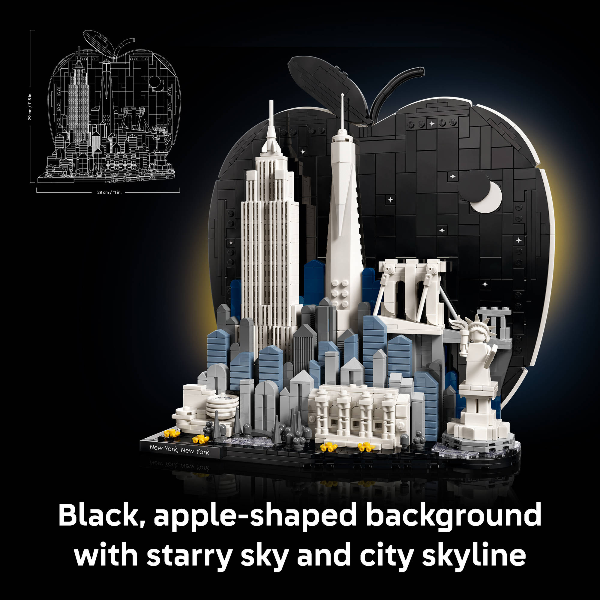 Assembled LEGO 21066 Architecture New York City The Big Apple Set, showing apple shaped background