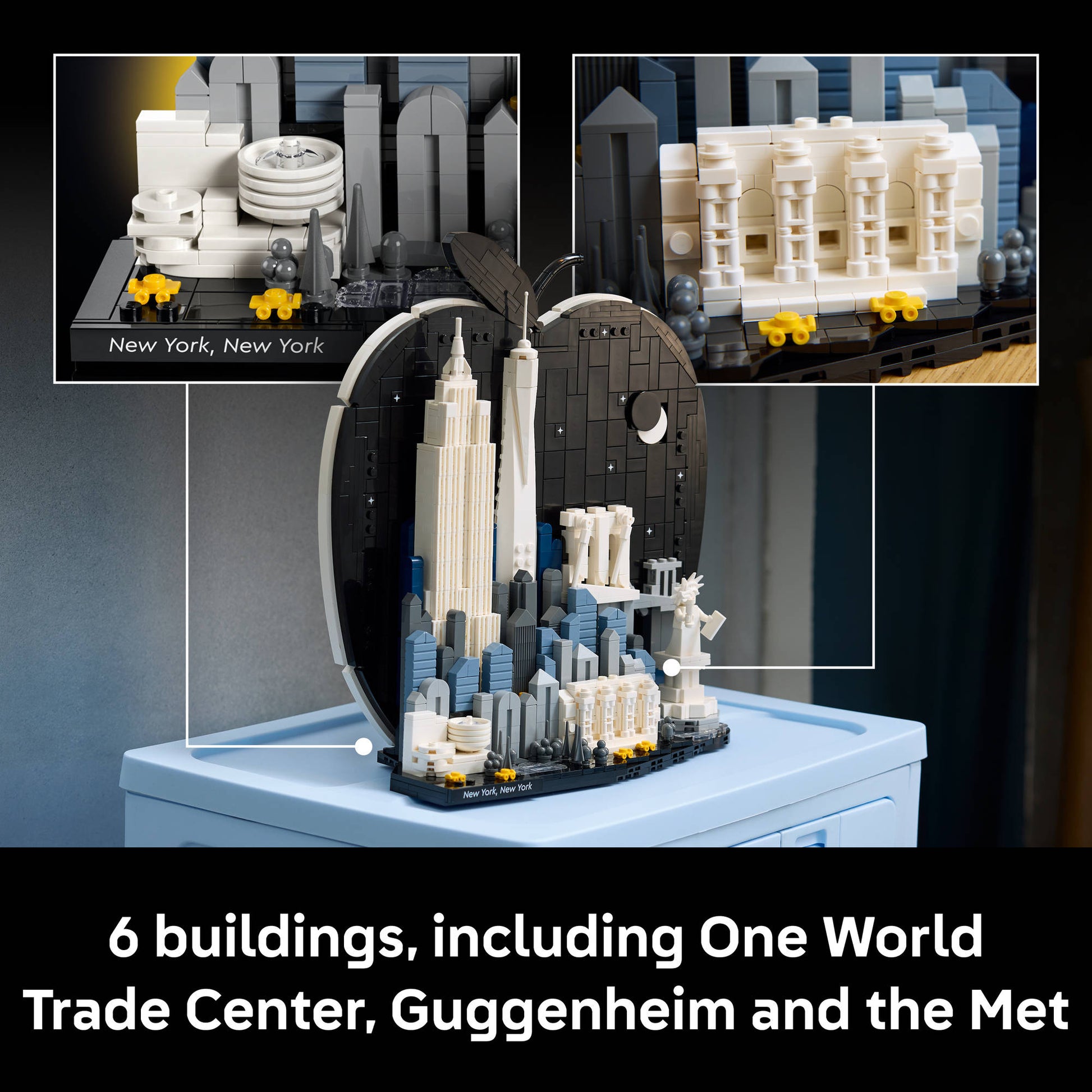 The world trade centre, guggenheim and the met buildings, in the LEGO 21066 Architecture New York City The Big Apple Set