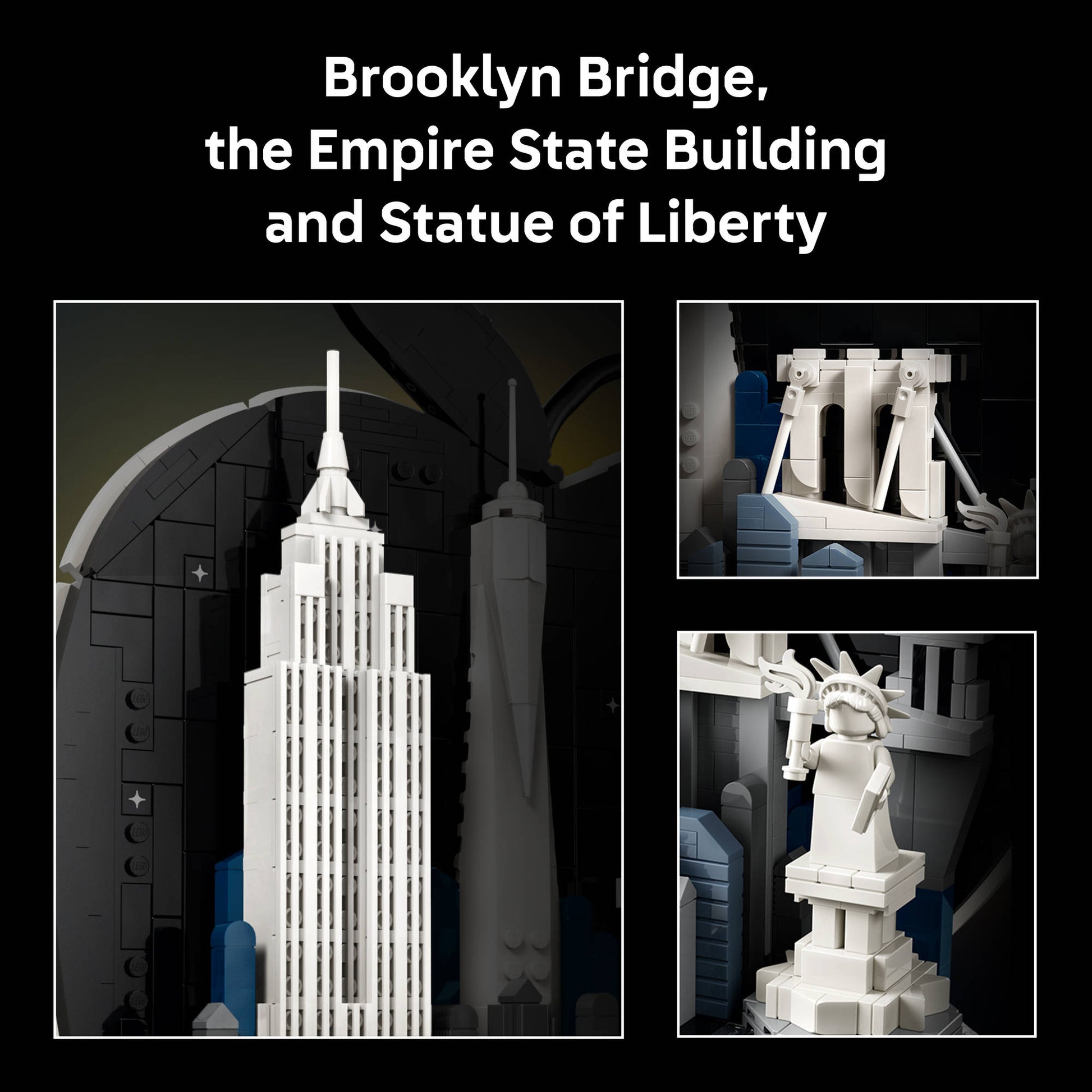 brooklynn bride, empire state building, and statue of liberty, in the LEGO 21066 Architecture New York City The Big Apple Set