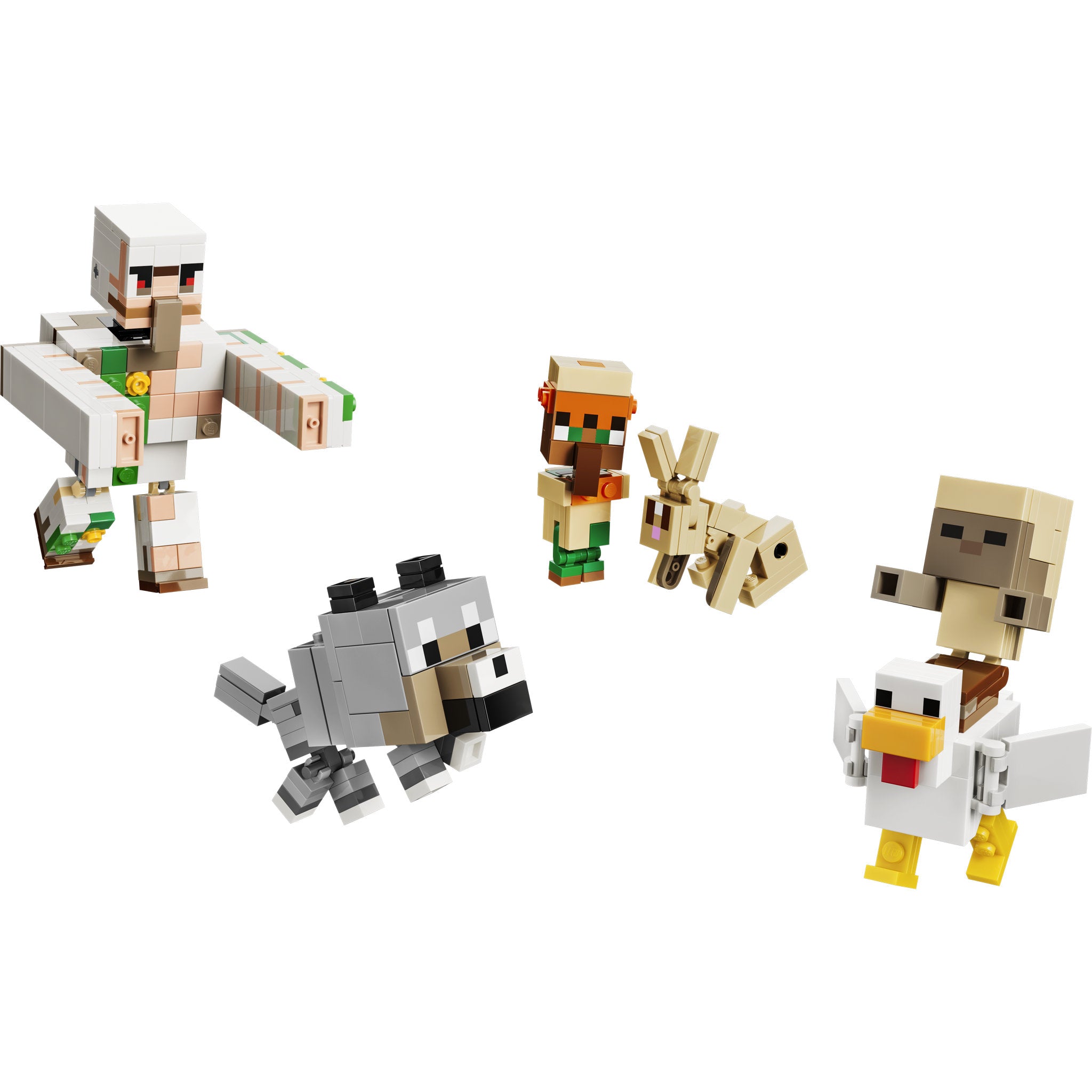 Assembled baby husk, chicken, rabbit, baby villager, baby wolf and iron golem figures in the LEGO 21592 Minecraft Chicken Jockey Desert Attack Set