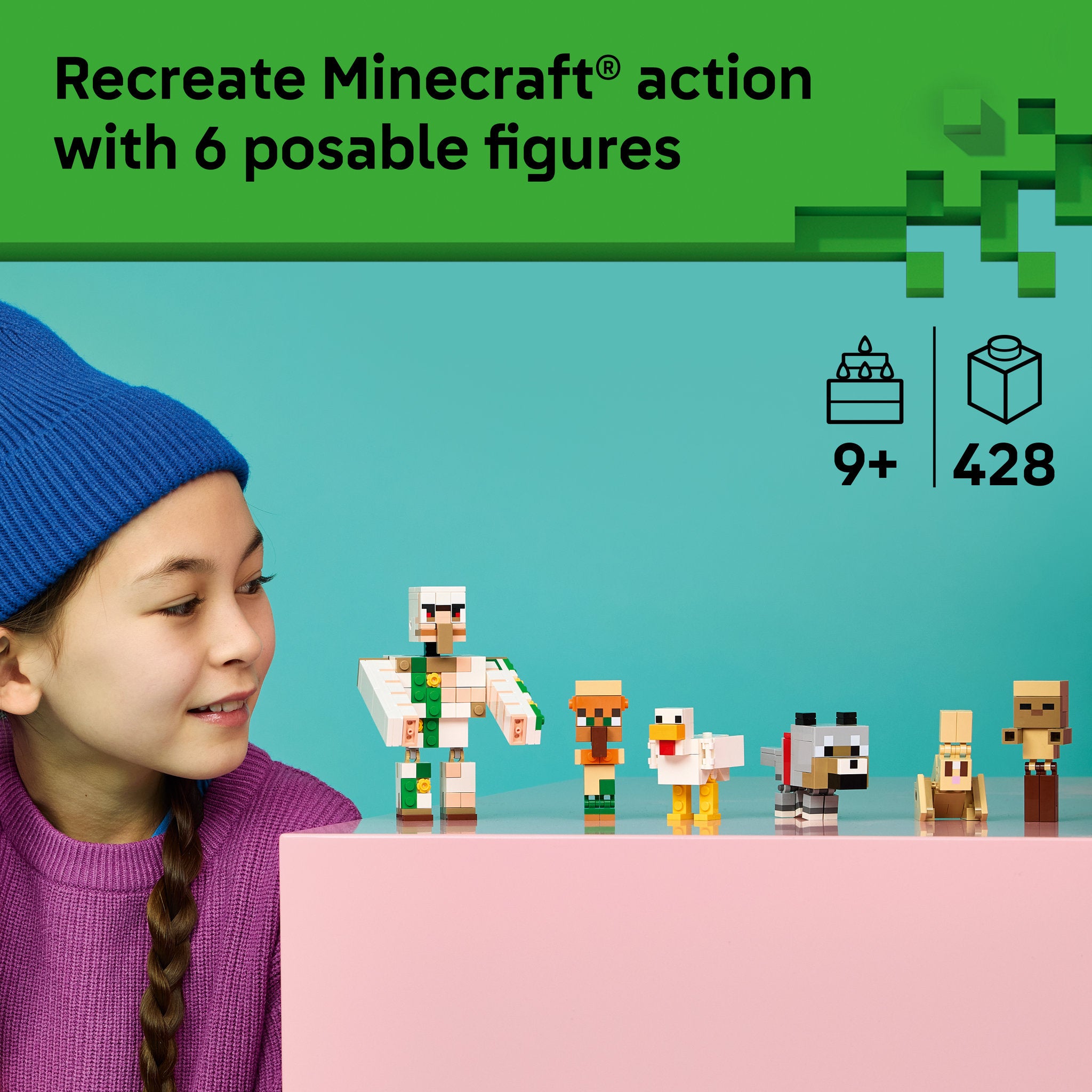 Child posing the LEGO 21592 Minecraft Chicken Jockey Desert Attack Set