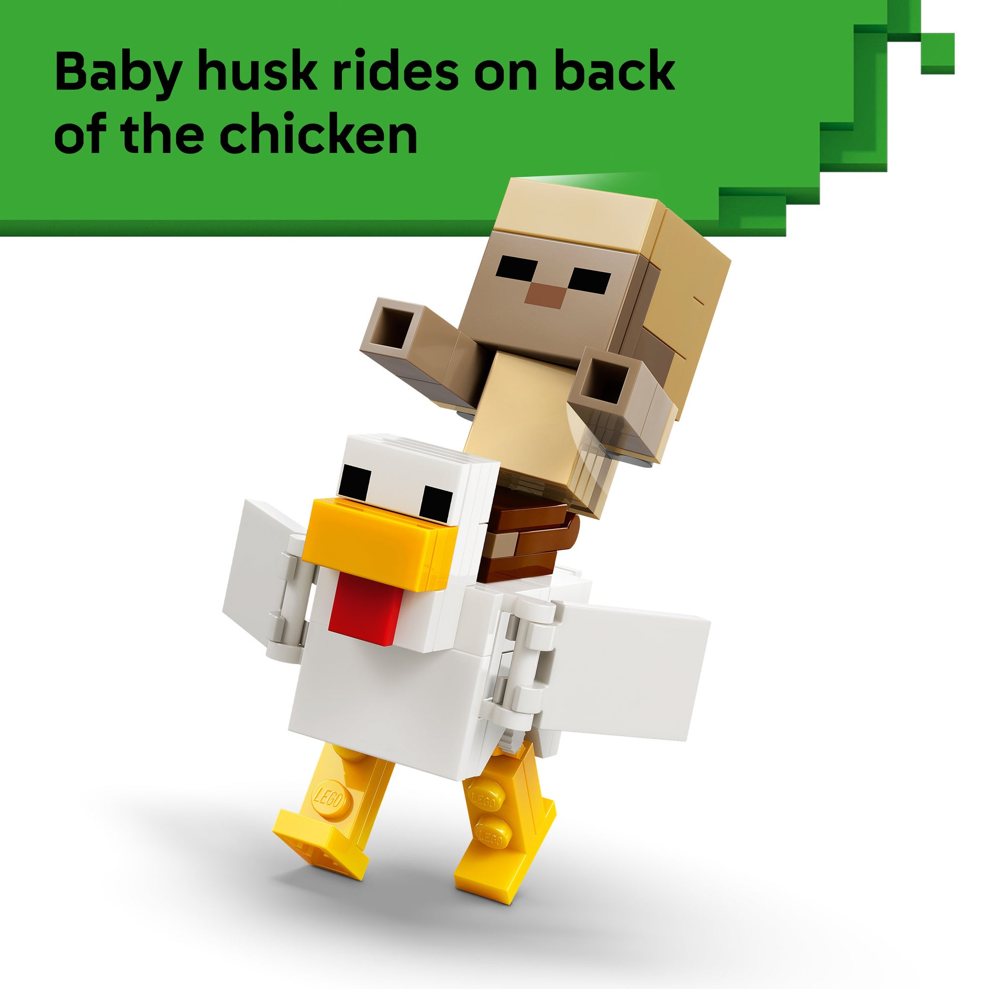 Baby husk rides the chicken, on the LEGO 21592 Minecraft Chicken Jockey Desert Attack Set