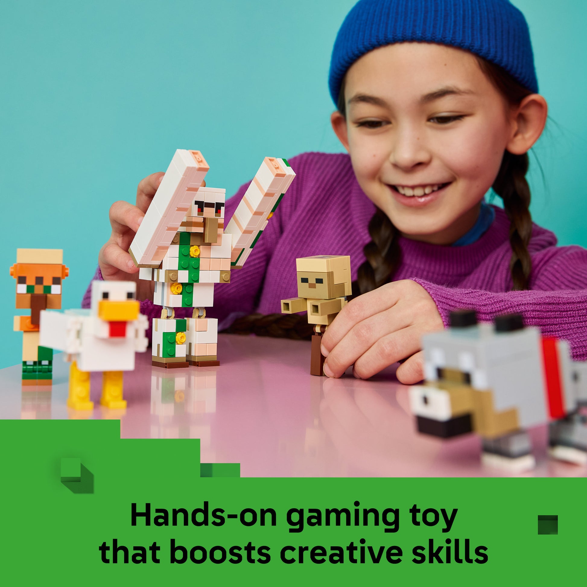 Child playing with the assembled LEGO 21592 Minecraft Chicken Jockey Desert Attack Set