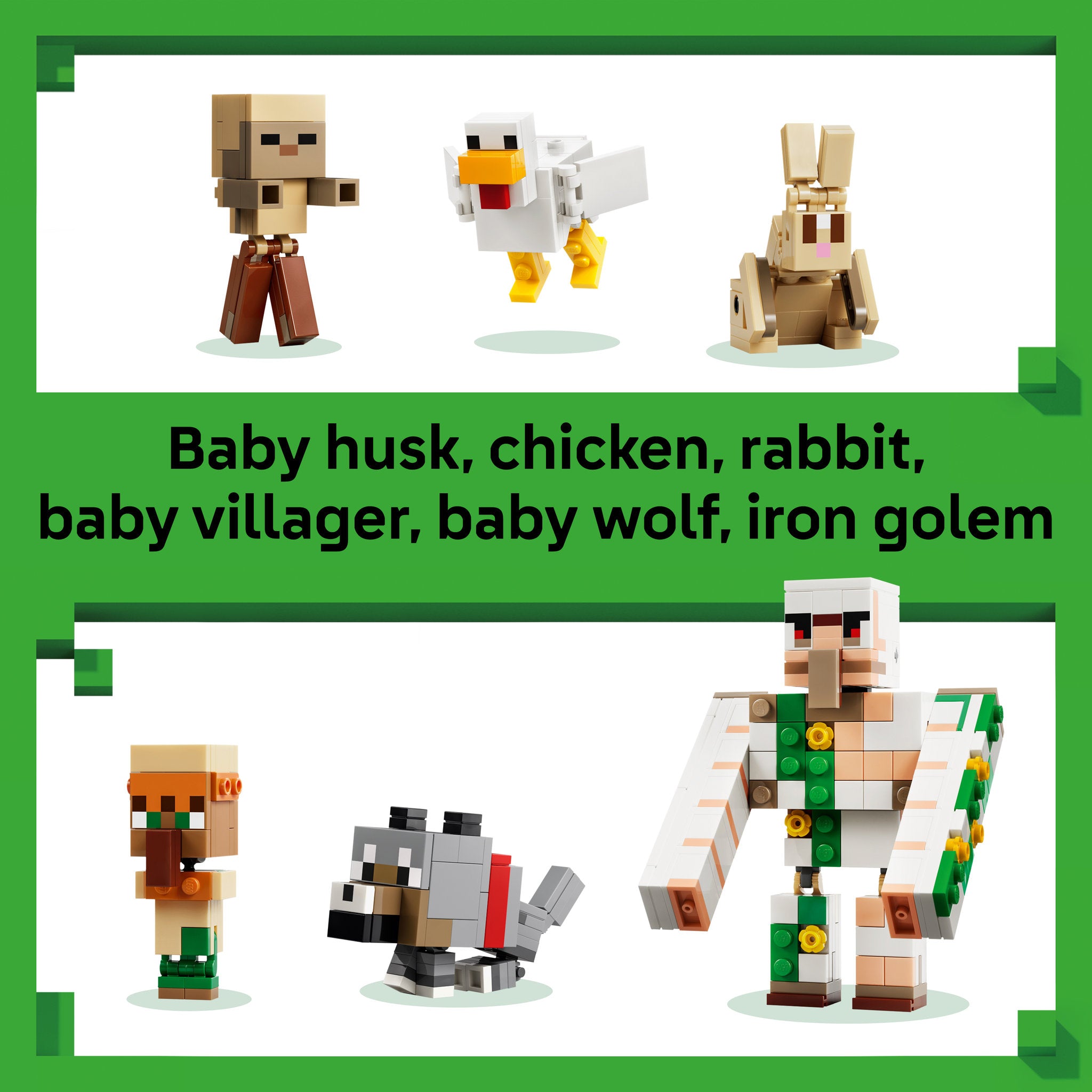 baby husk, chicken, rabbit, baby villager, baby wolf, and iron golem in the LEGO 21592 Minecraft Chicken Jockey Desert Attack Set