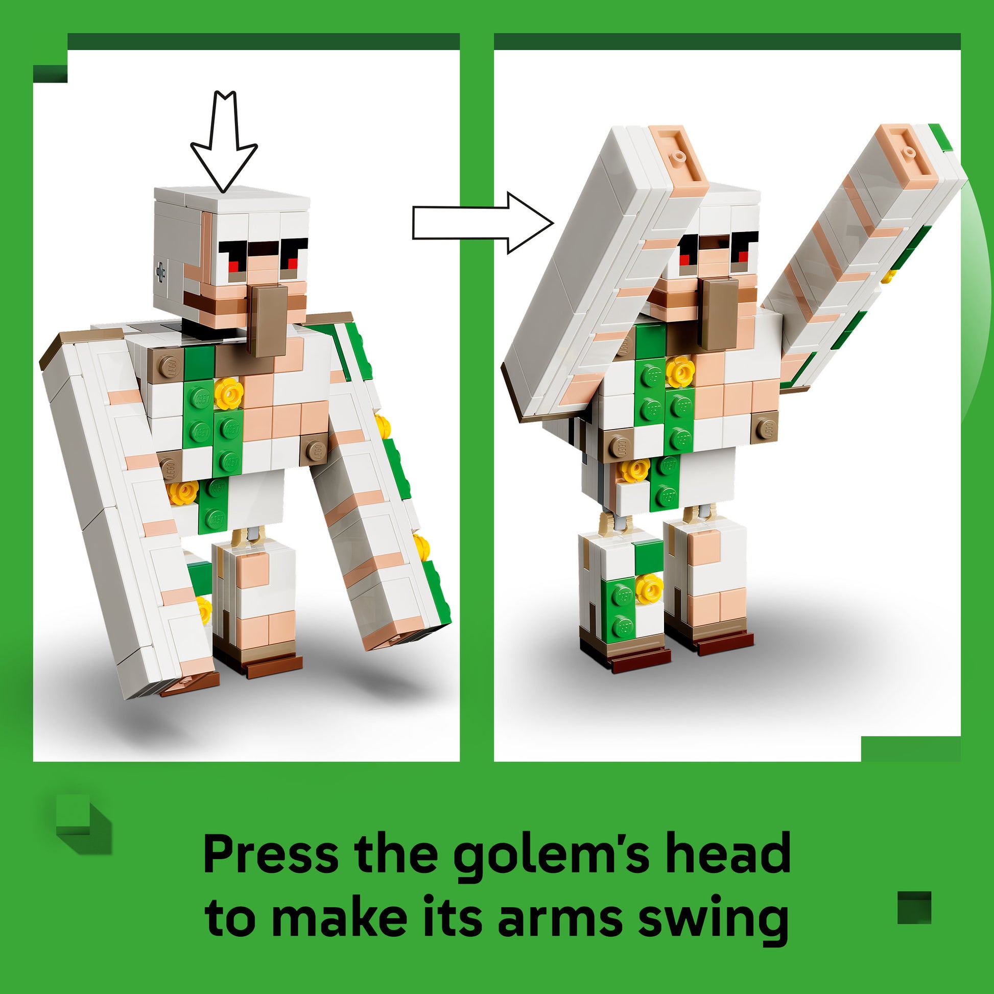 Golem's arms swing when you press its head down, in the LEGO 21592 Minecraft Chicken Jockey Desert Attack Set