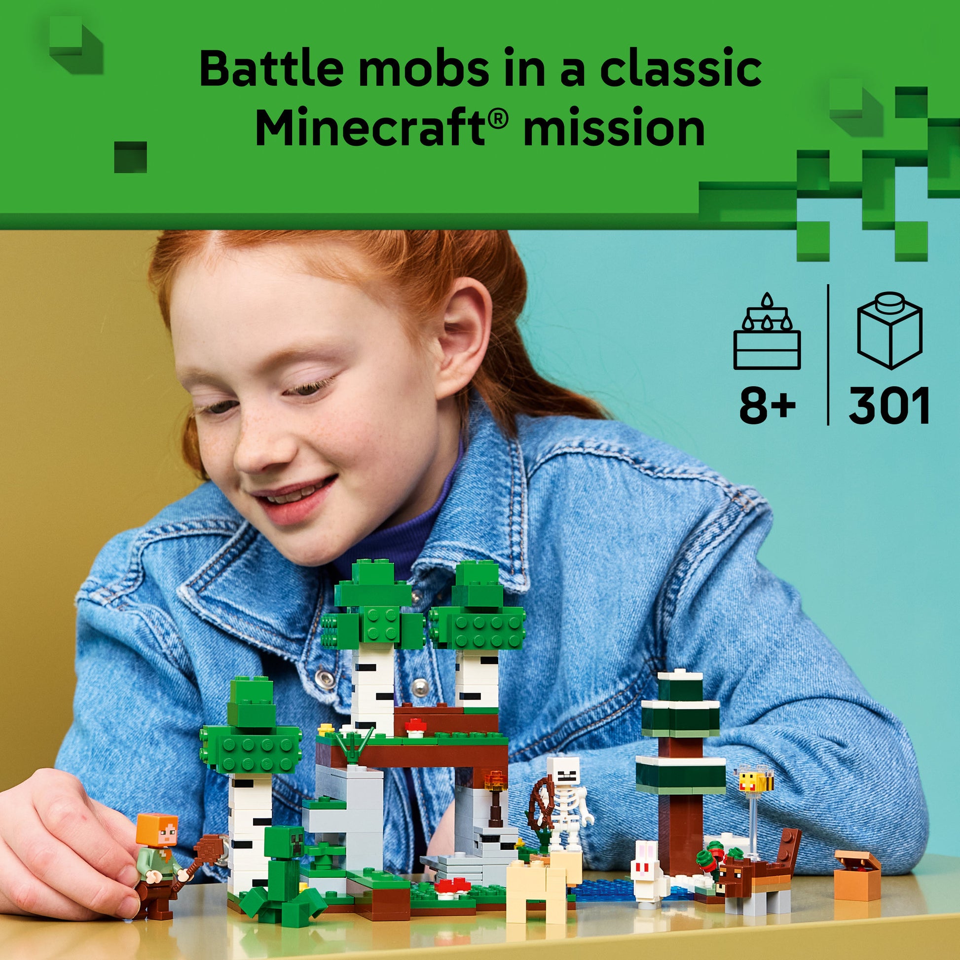 Child playing with the assembled LEGO 21593 Minecraft First Night Adventure Birch Forest Set