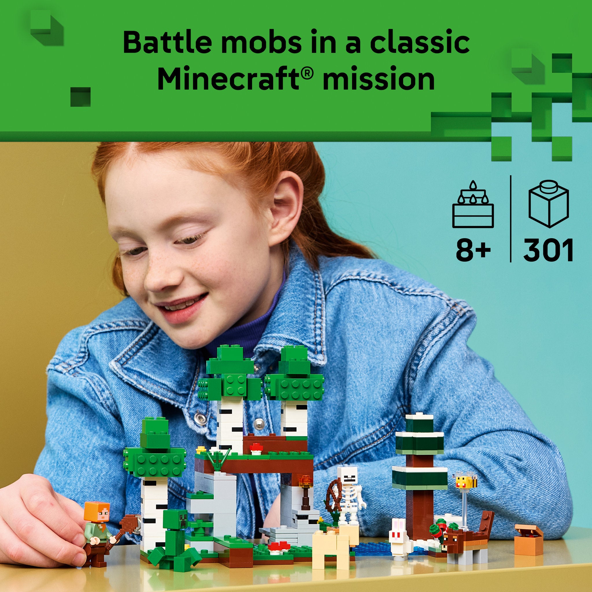 Child playing with the assembled LEGO 21593 Minecraft First Night Adventure Birch Forest Set