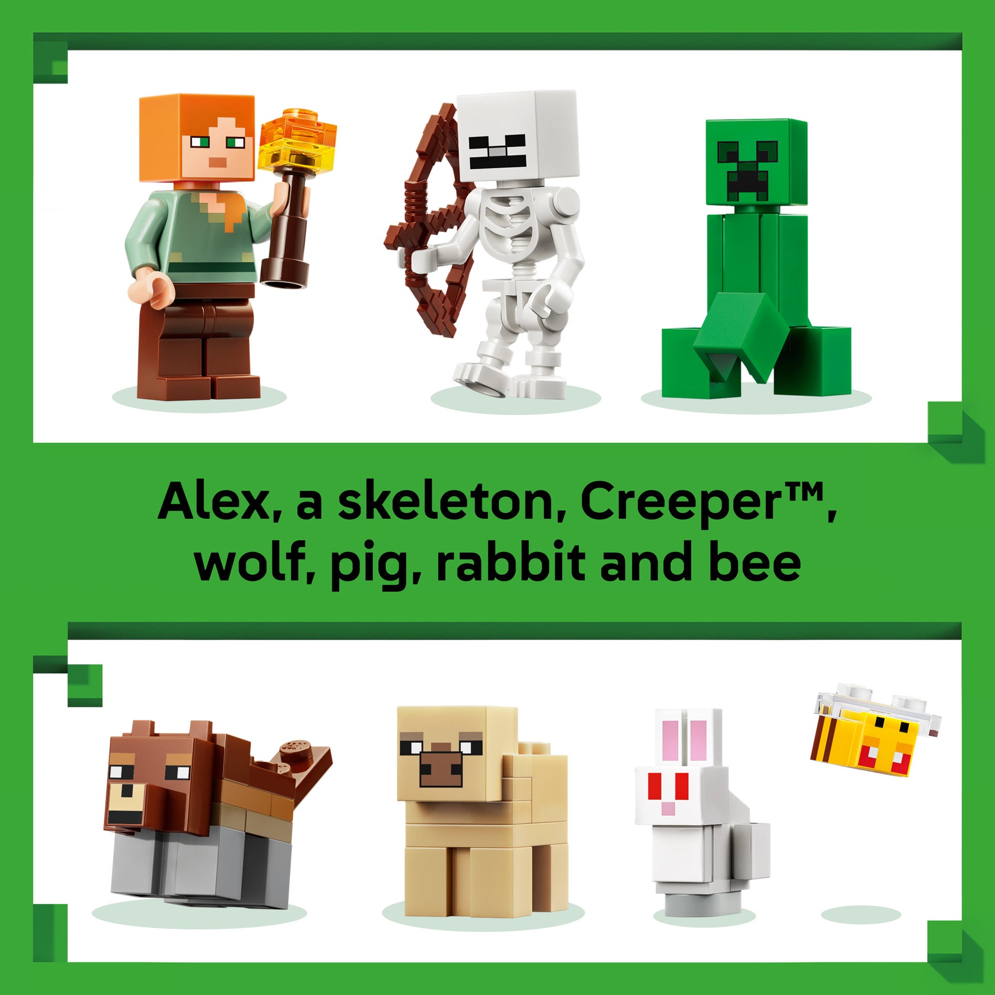 Figures alex, skeleton, creeper, wold, pig, rabbit and bee in the LEGO 21593 Minecraft First Night Adventure Birch Forest Set