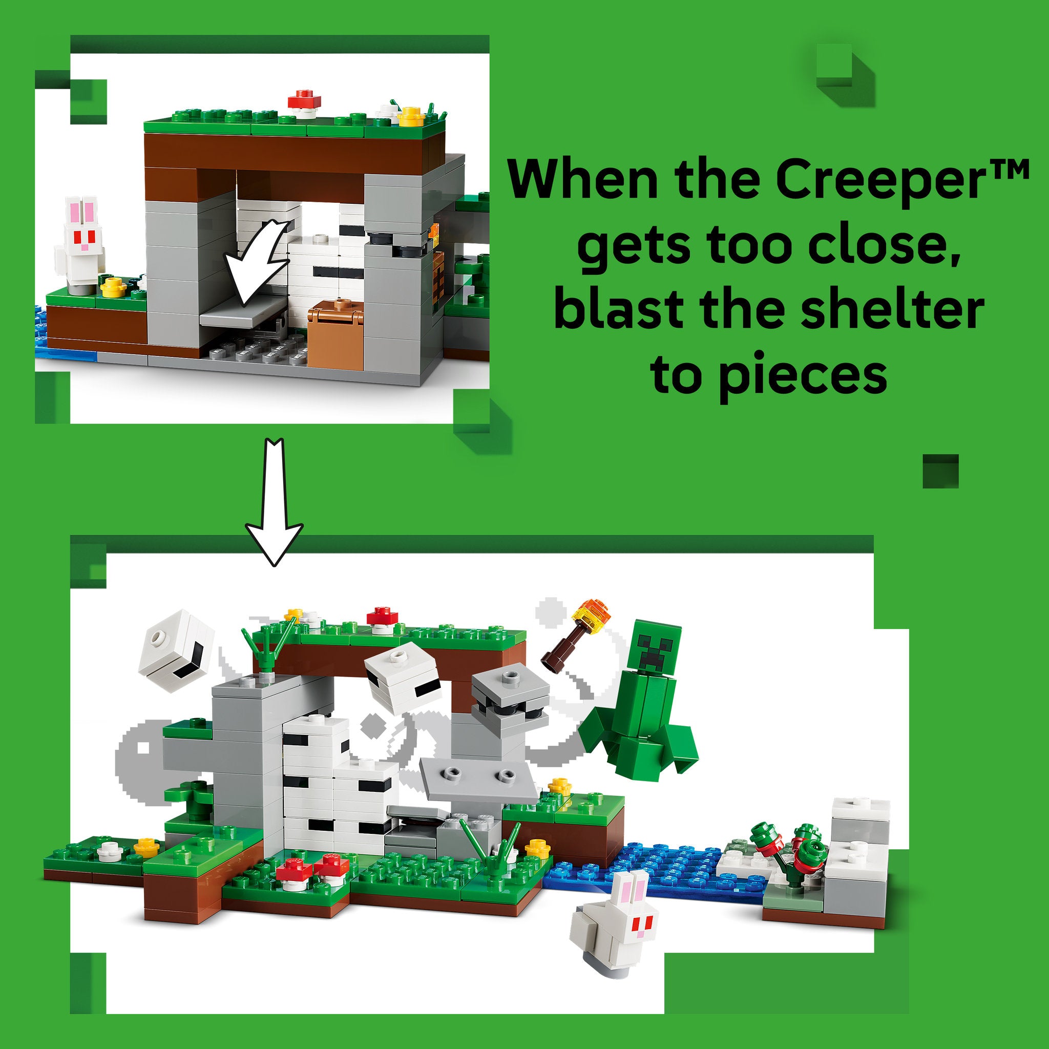 Blast the shelter to keep the creeper out, in the LEGO 21593 Minecraft First Night Adventure Birch Forest Set