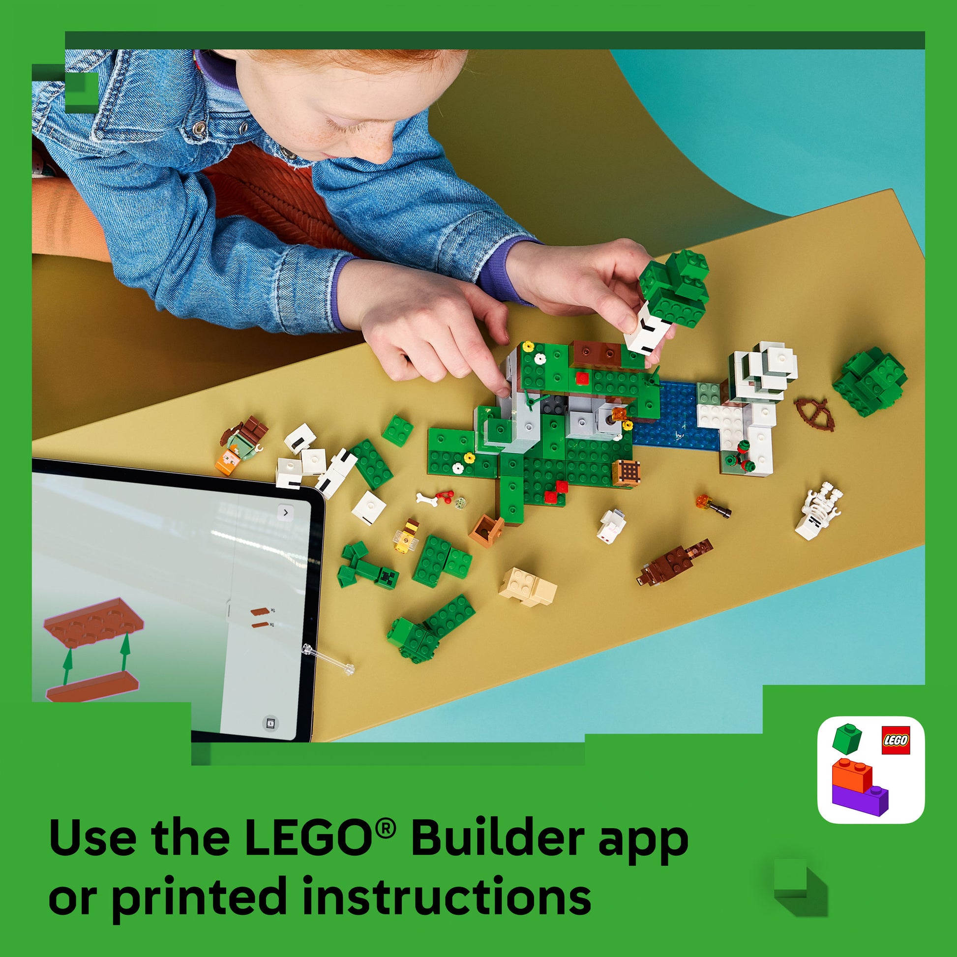 Child using the builder app to make the LEGO 21593 Minecraft First Night Adventure Birch Forest Set