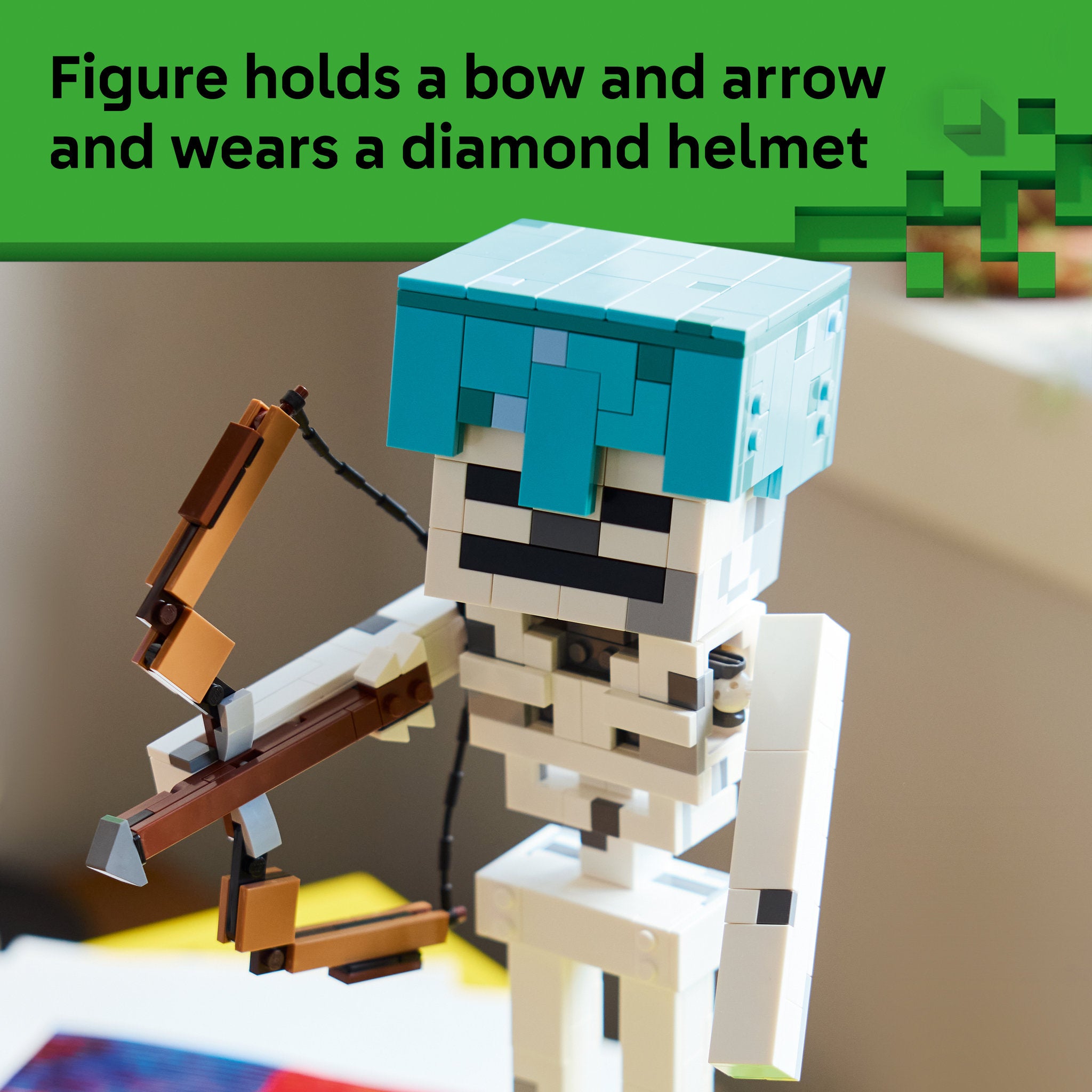 Assembled skeleton holds a bow and wears a helmet, in the LEGO 21594 Minecraft The Skeleton Set