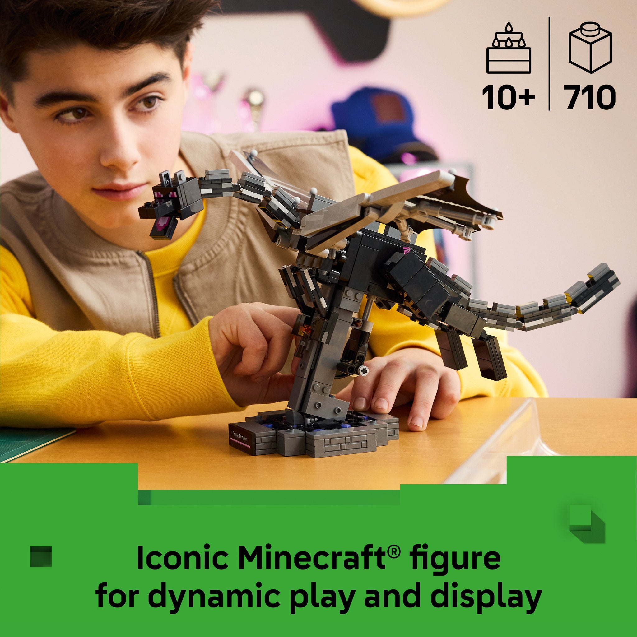 Teenager building the LEGO 21595 Minecraft The Ender Dragon Set