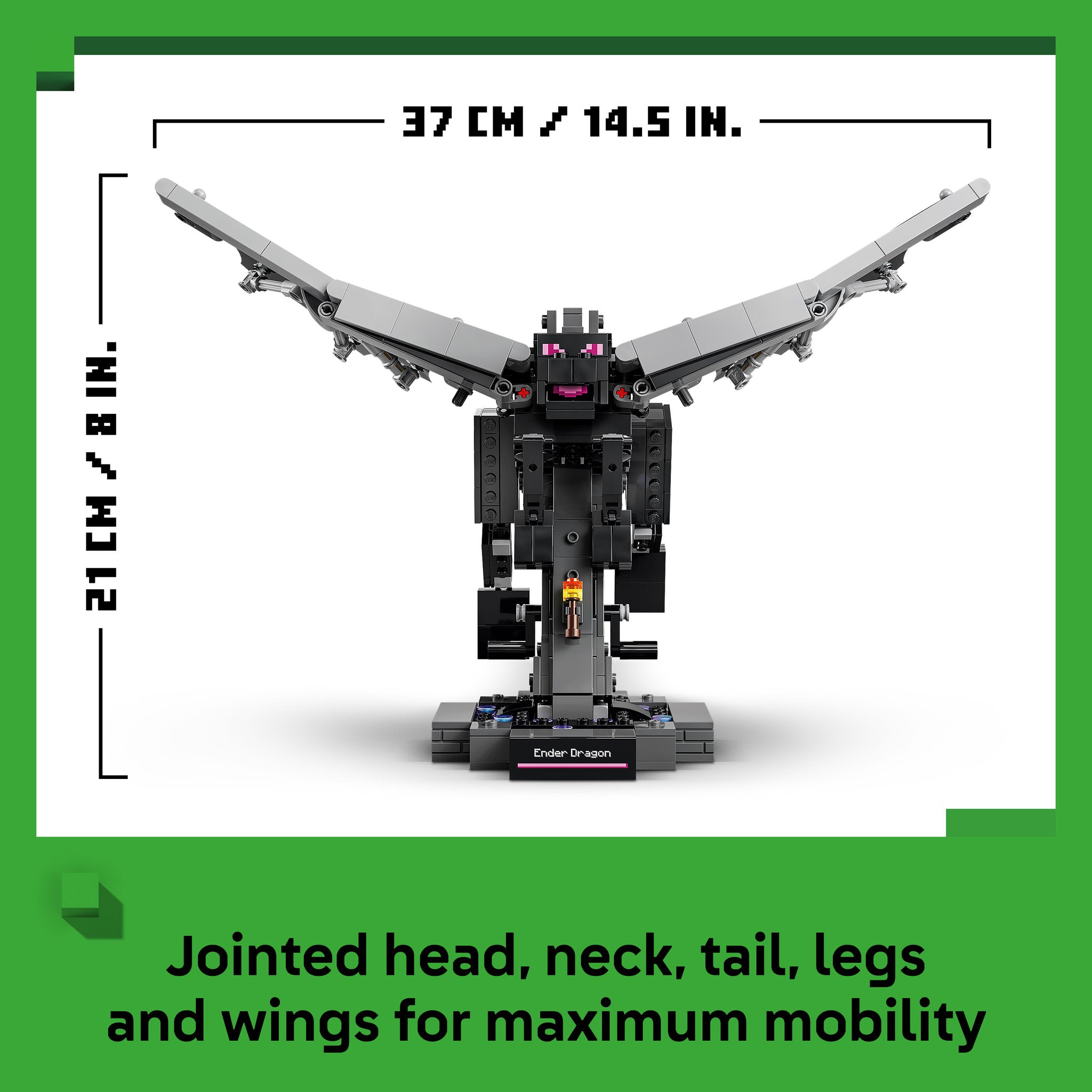 Jointed head, neck, tails, legs and wings of the assembled LEGO 21595 Minecraft The Ender Dragon Set