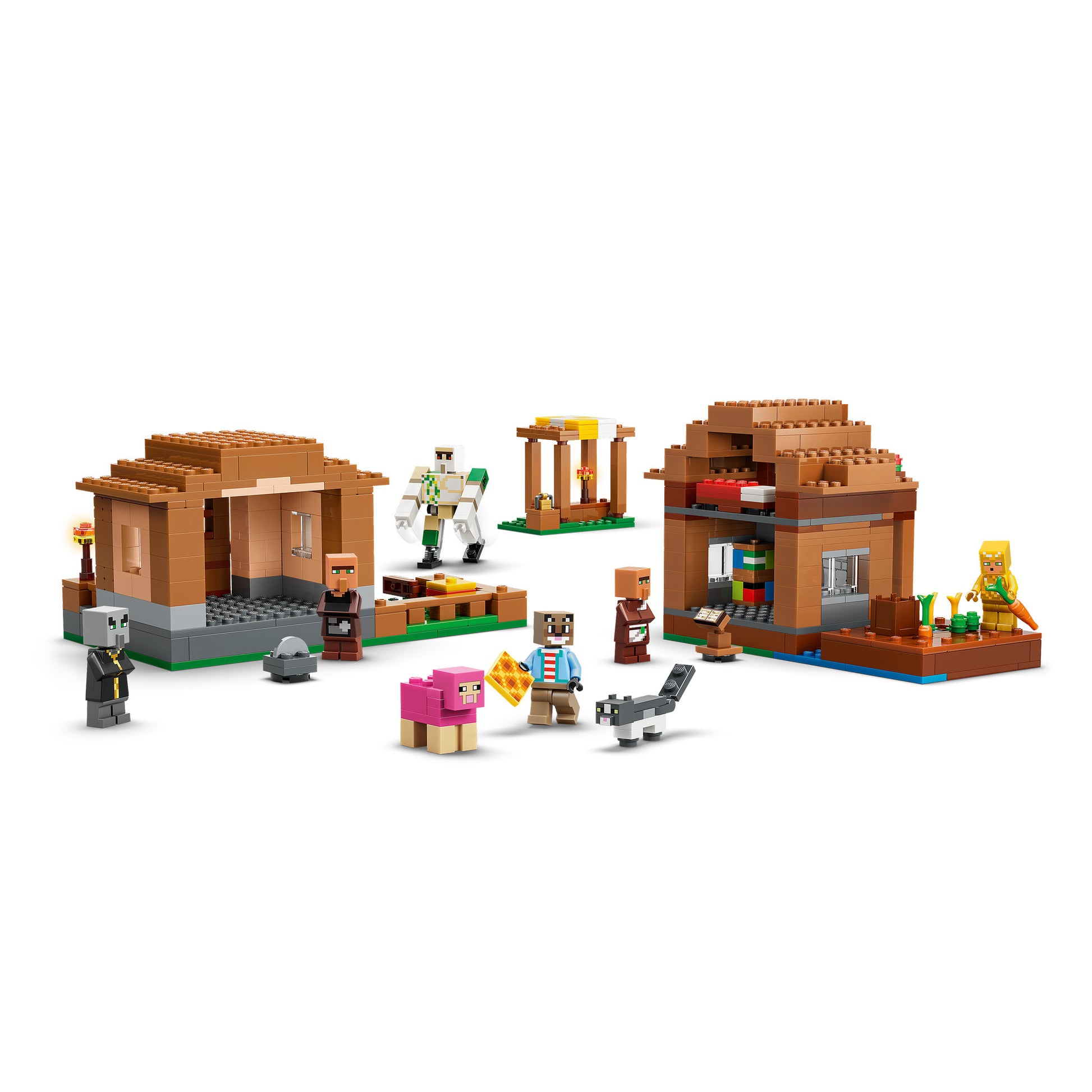 Assembled buildings in the LEGO 21596 Minecraft The Village Attack Set