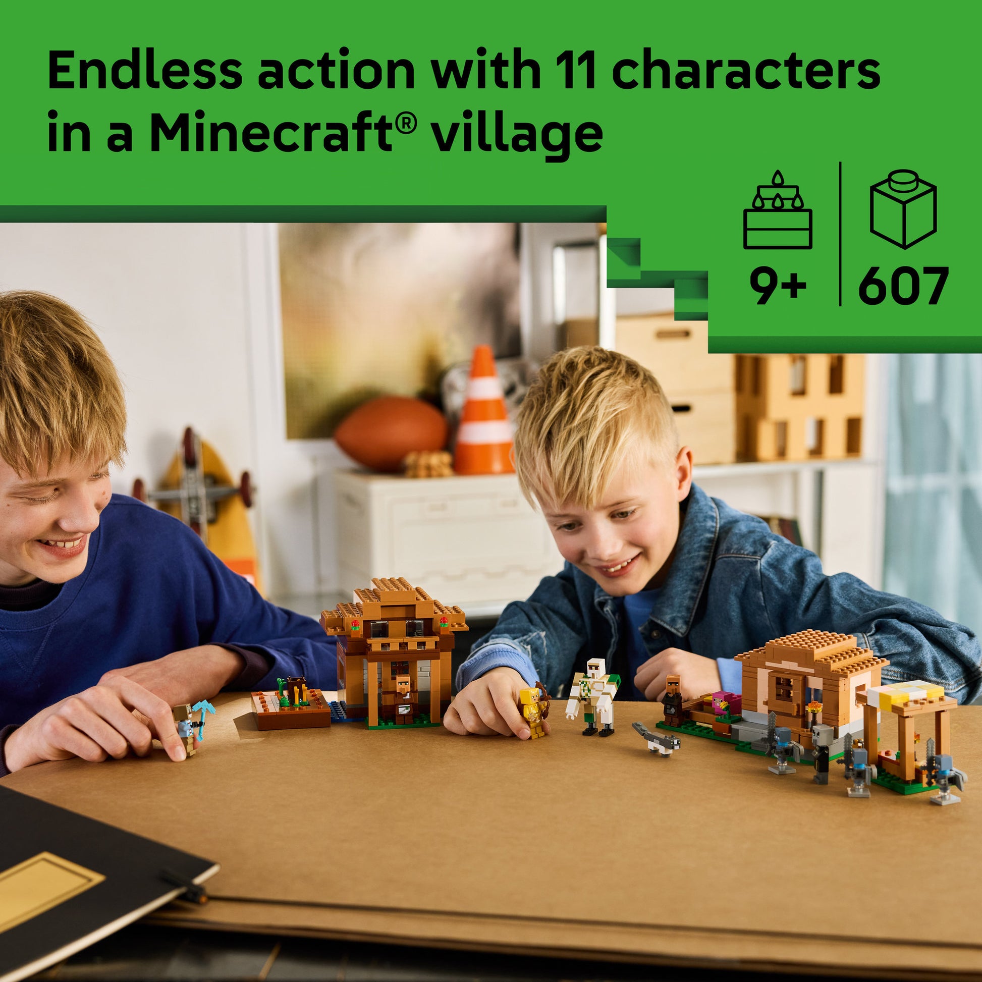 Children playing with the LEGO 21596 Minecraft The Village Attack Set