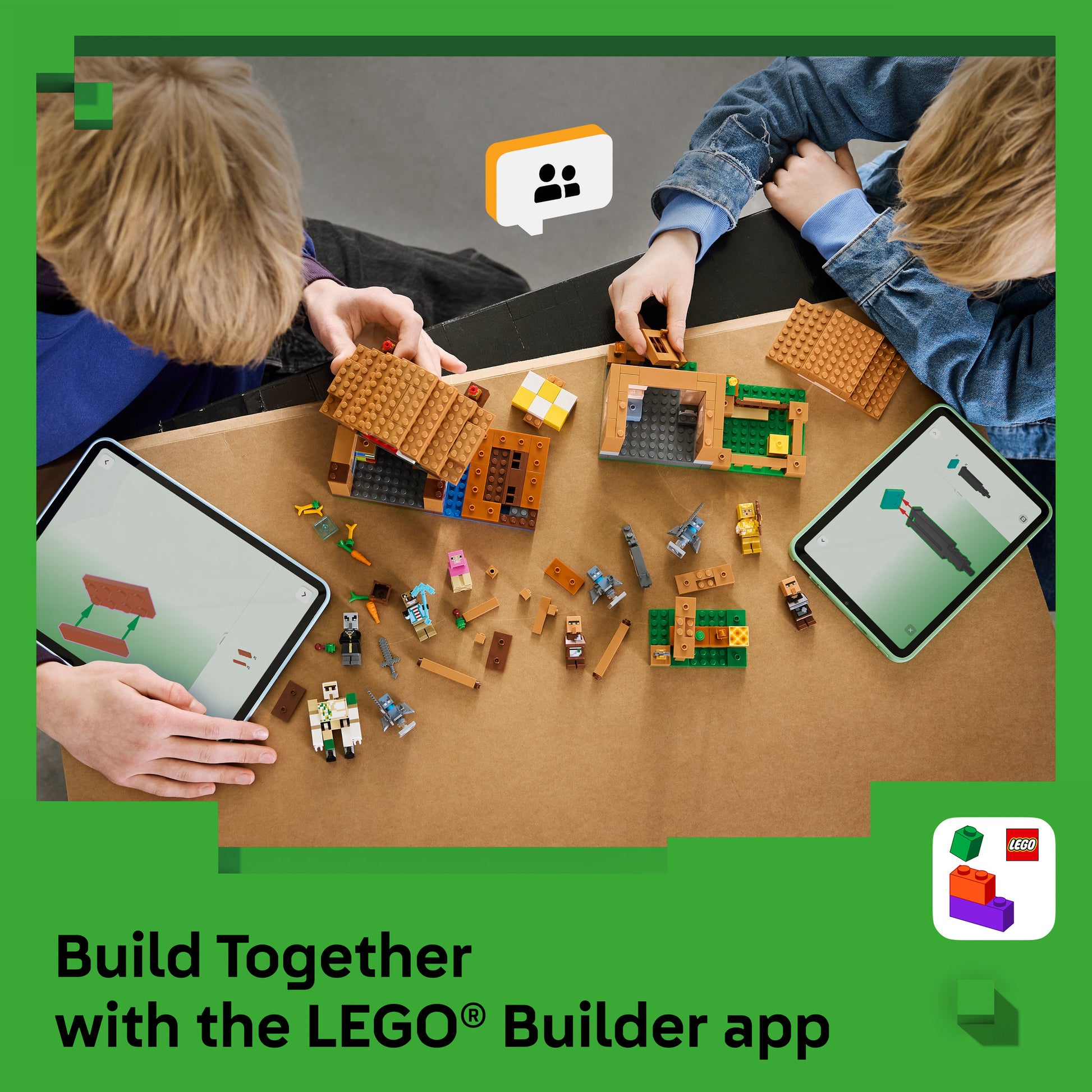 Children using the builder app to make the LEGO 21596 Minecraft The Village Attack Set