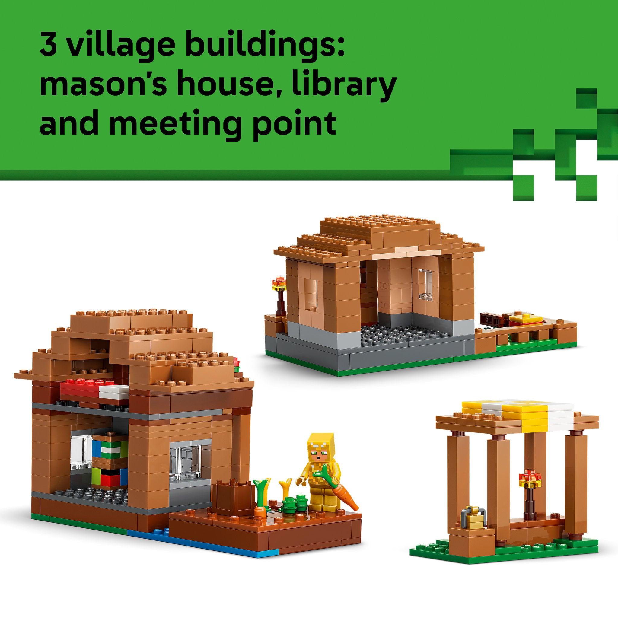 Assembled village buildings in the LEGO 21596 Minecraft The Village Attack Set