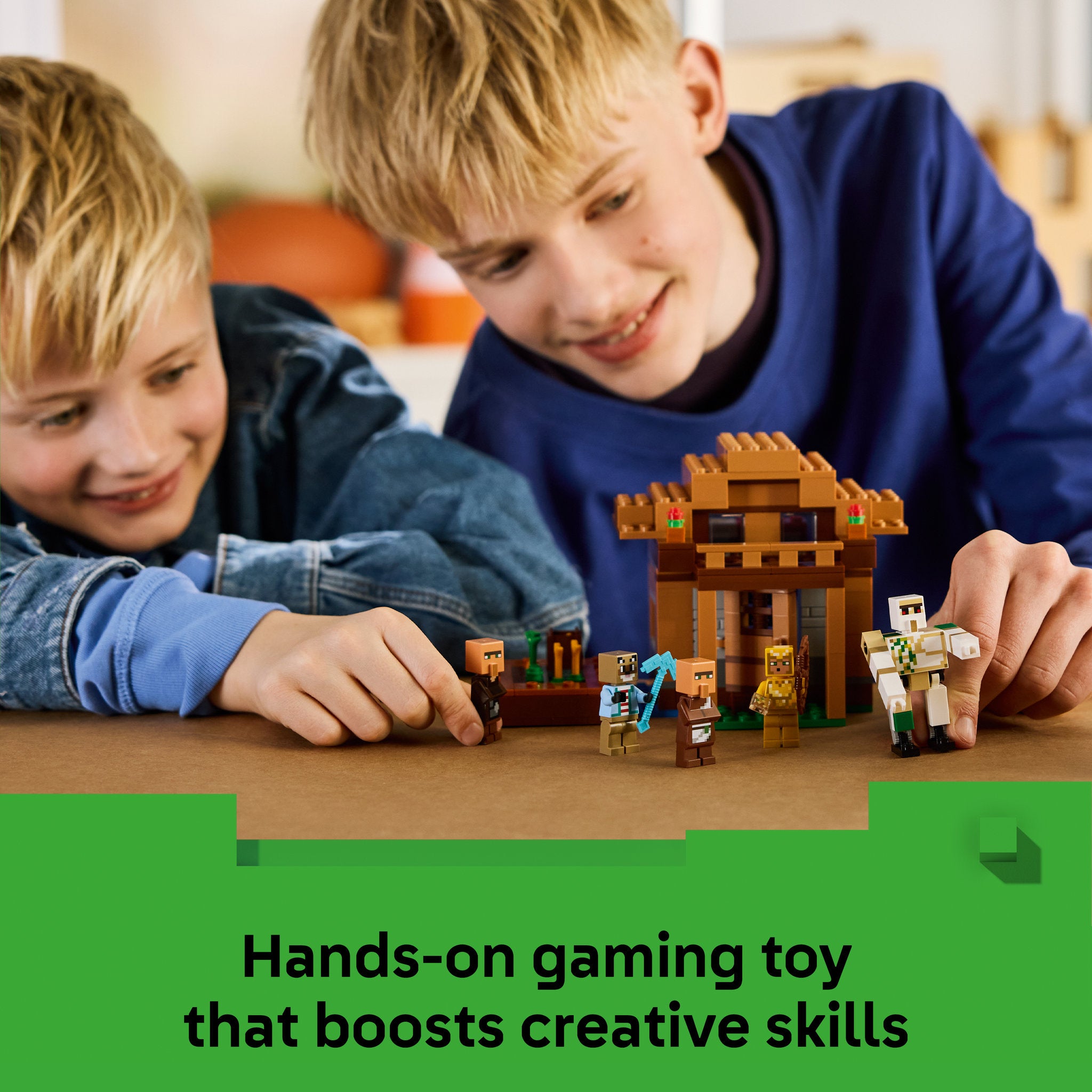 Children playing with the figures in the LEGO 21596 Minecraft The Village Attack Set